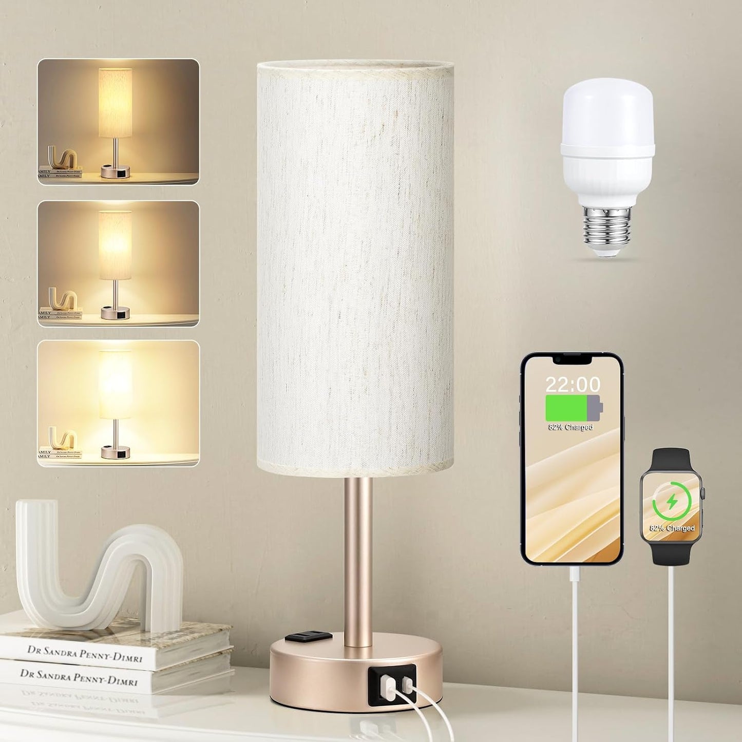Antique White Bedside Table Lamp, Dimmable Touch Lamp, USB A+C, AC Outlet