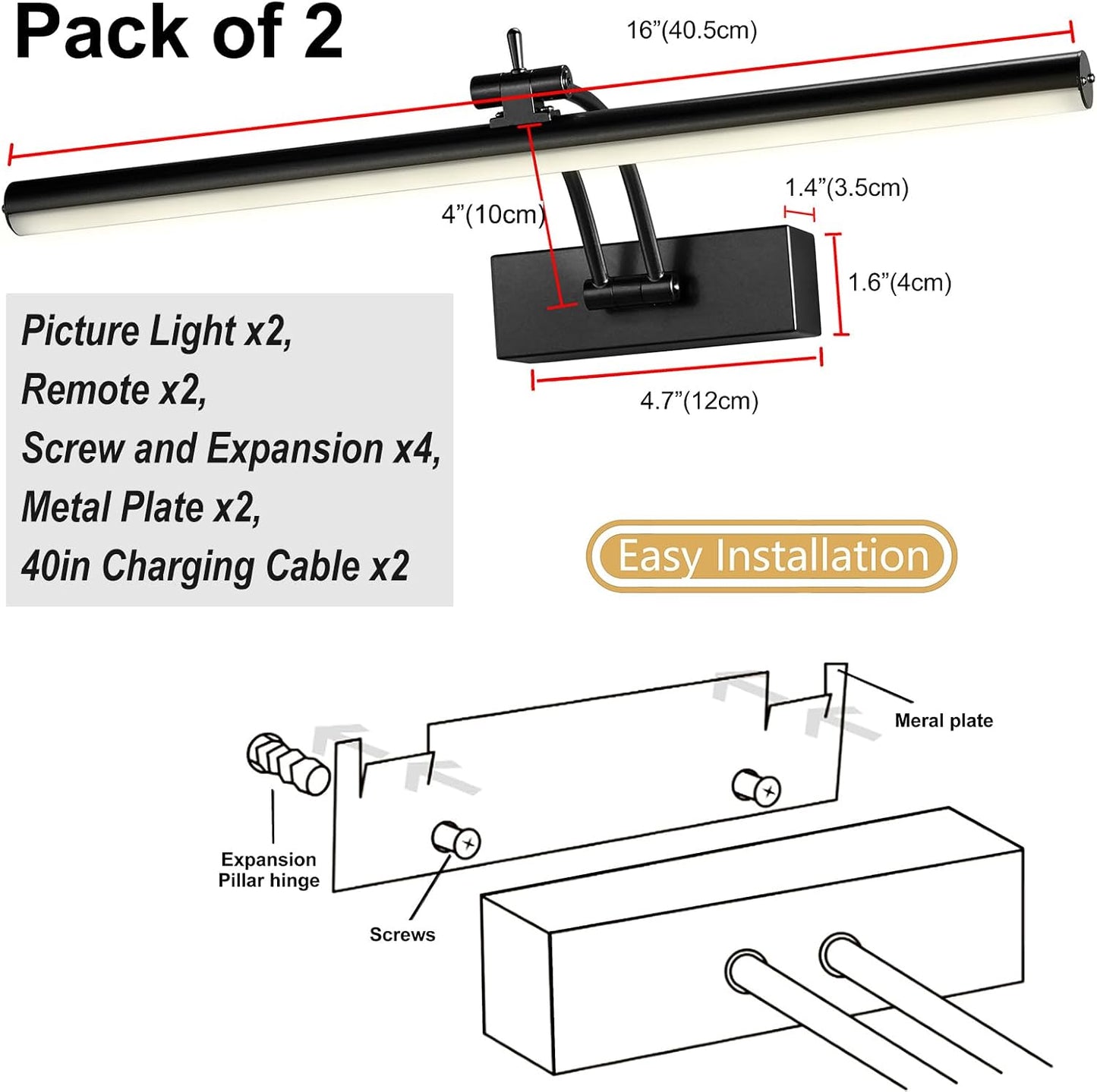 Yuichoy 2 Pack Picture Lights for Wall Battery Operated, 16 inch Wireless Art Lighting for Painting, 6 Colors Picture