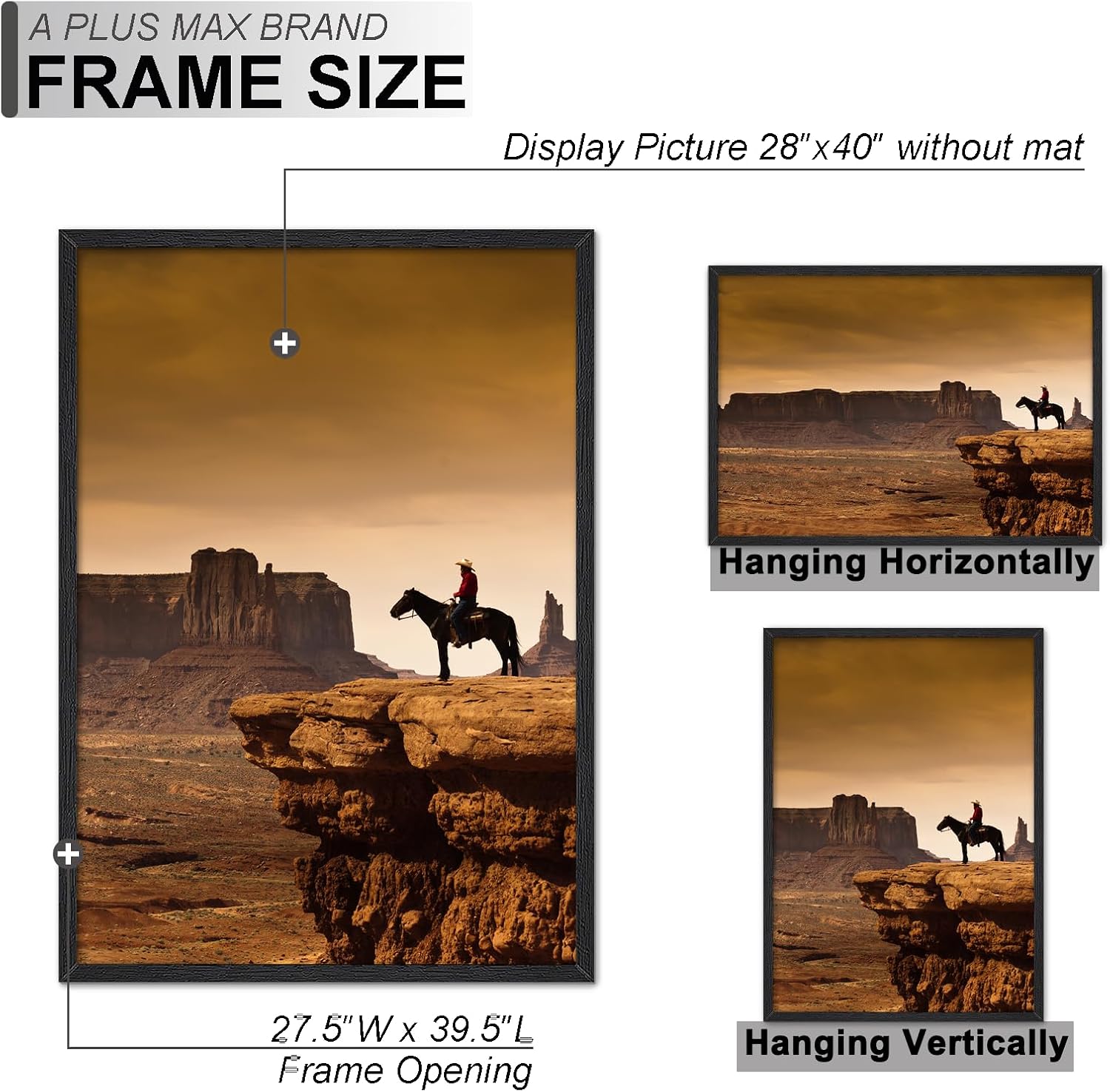 A PLUS MAX 28x40 Picture Frame Black Light Weight Wall Mount | 28 x 40 Inch Black Wood-grain Engineered Wood Material