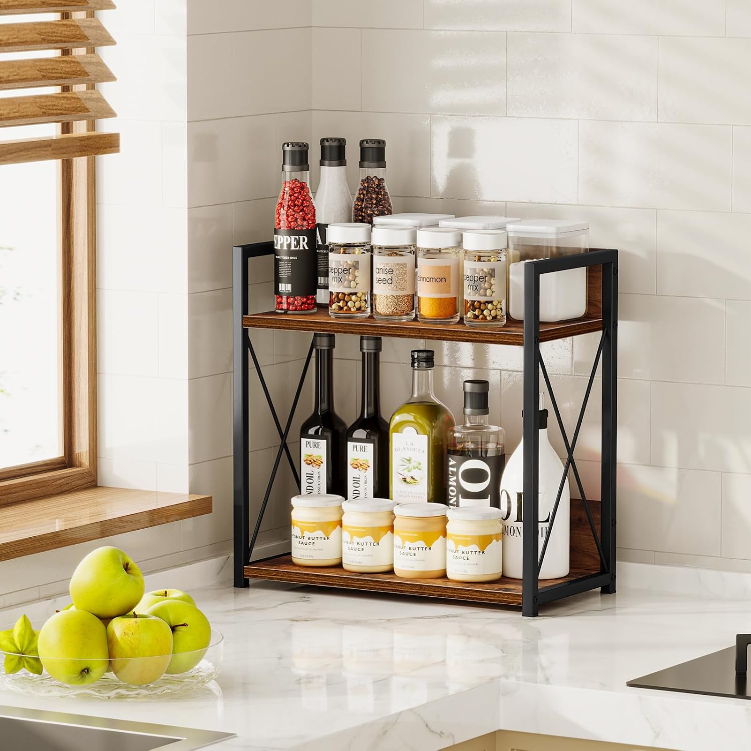 Giikin Kitchen Counter Shelf, Kitchen Countertop Organizer, 2 Tier Spice Rack for Counter, Wood Coffee Bar Organizer