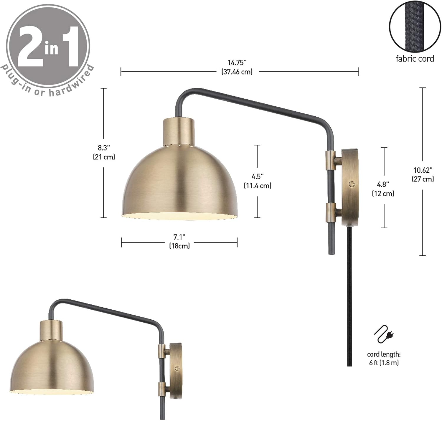 Globe Electric 1-Light Antique Brass Plug-in or Hardwire Wall Sconce with in-Line On/Off Switch
