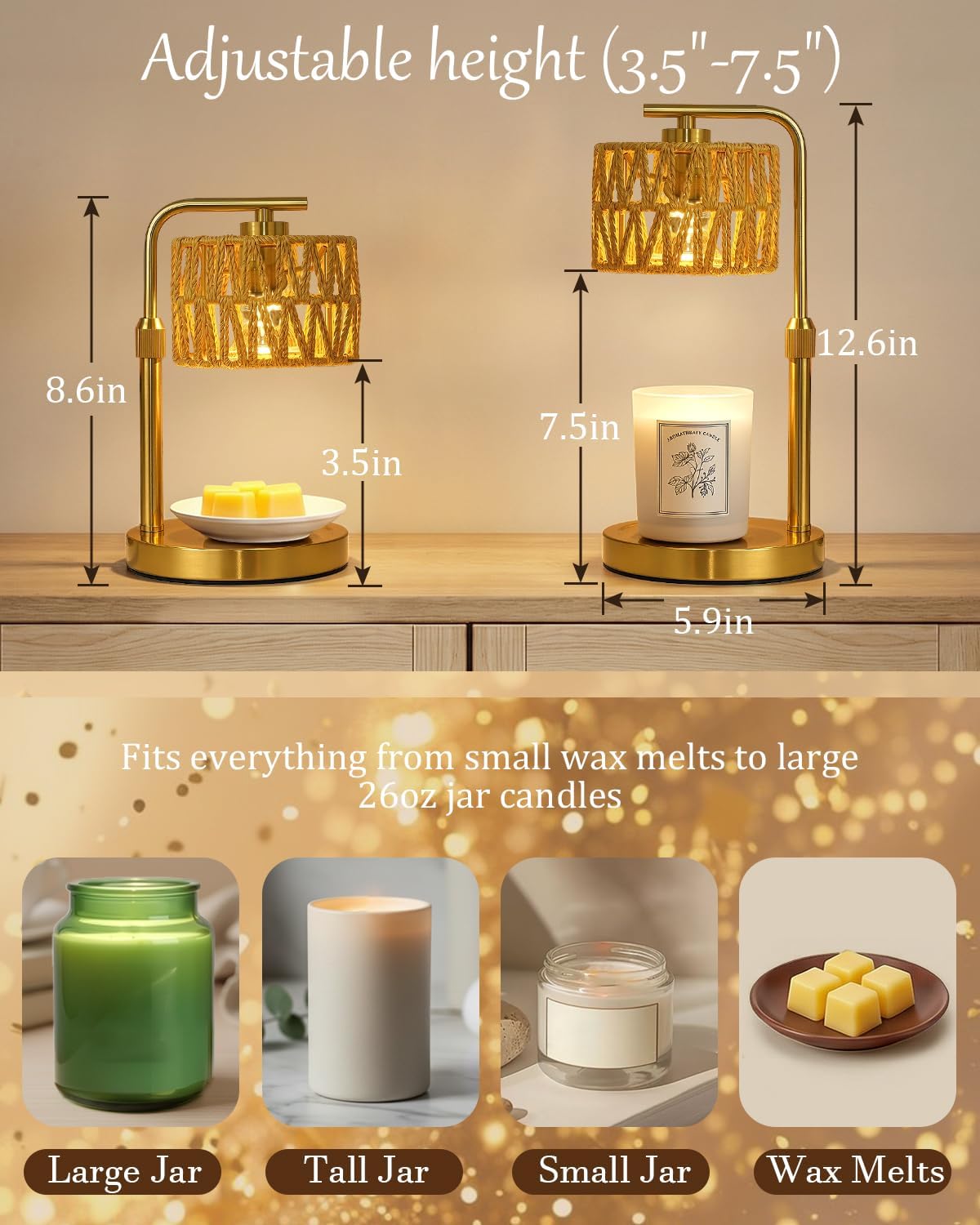 Candle Warmer Lamp with Timer, Dimmable Candle Warmer for Jar Candles, Height Adjustable Candle Lamp Warmer, Boho