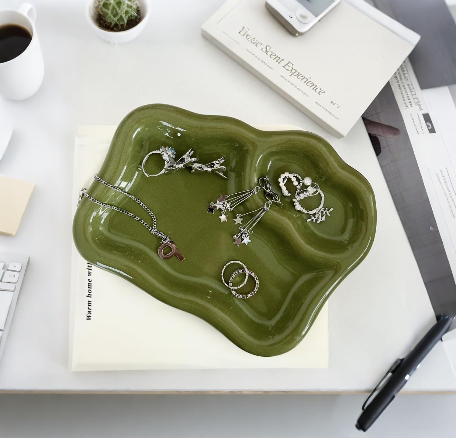 Green Ceramic Jewelry Tray Dish Large-sized Display Organizer Trinket Watch Keys / Olive Green