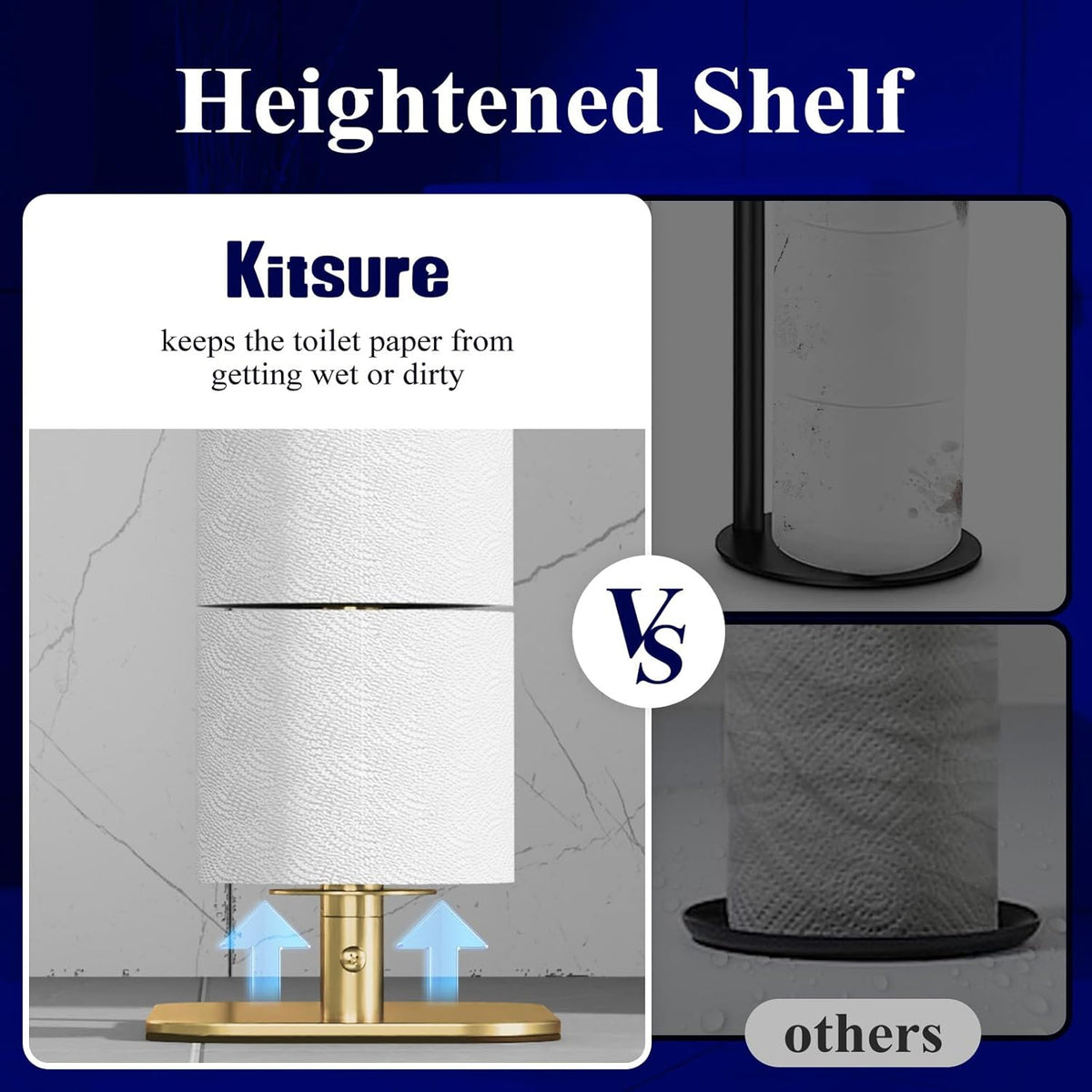Kitsure Metal Toilet Paper Holder Free Standing, Medium, Chrome Gold | Rustproof Toilet Paper Stand for 4 Rolls