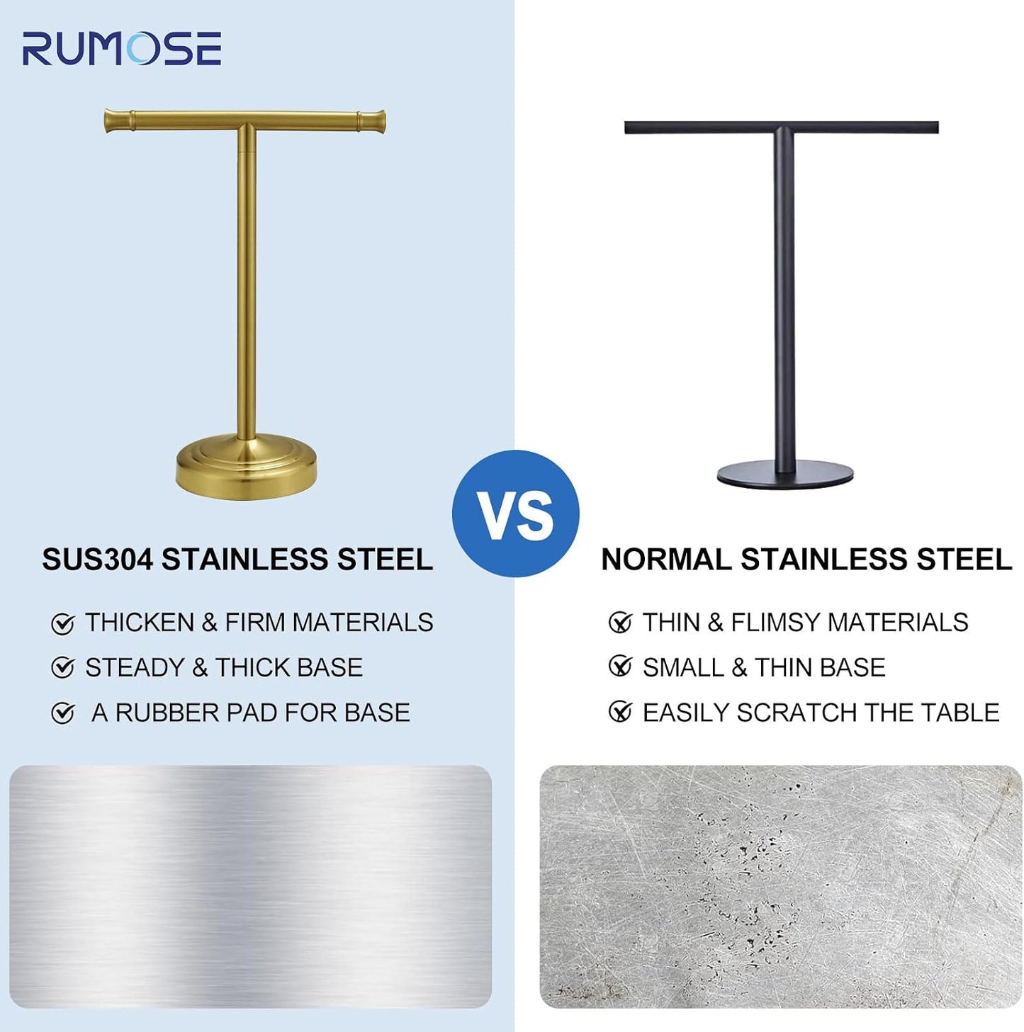 RUMOSE Brushed Gold Hand Towel Holder Stand Countertop Towel Rack | 13 Inch Bathroom Kitchen Vanity T-Shape Towel Stand