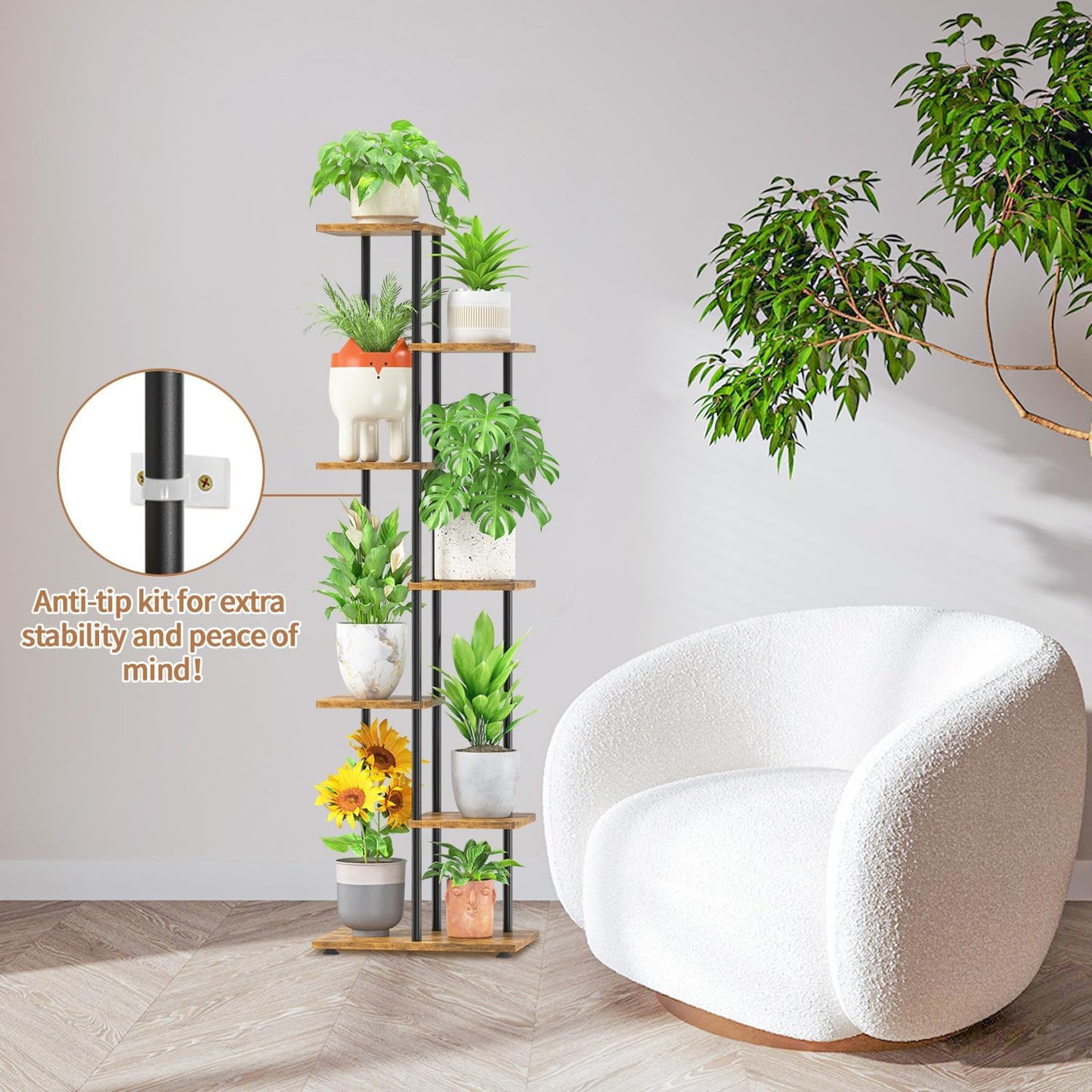 LASZOLA Plant Stand Shelf Tall for Indoor Corner, 6 Tier Wood Brown | Heavy Duty Multi Level Vertical Flower Rack for