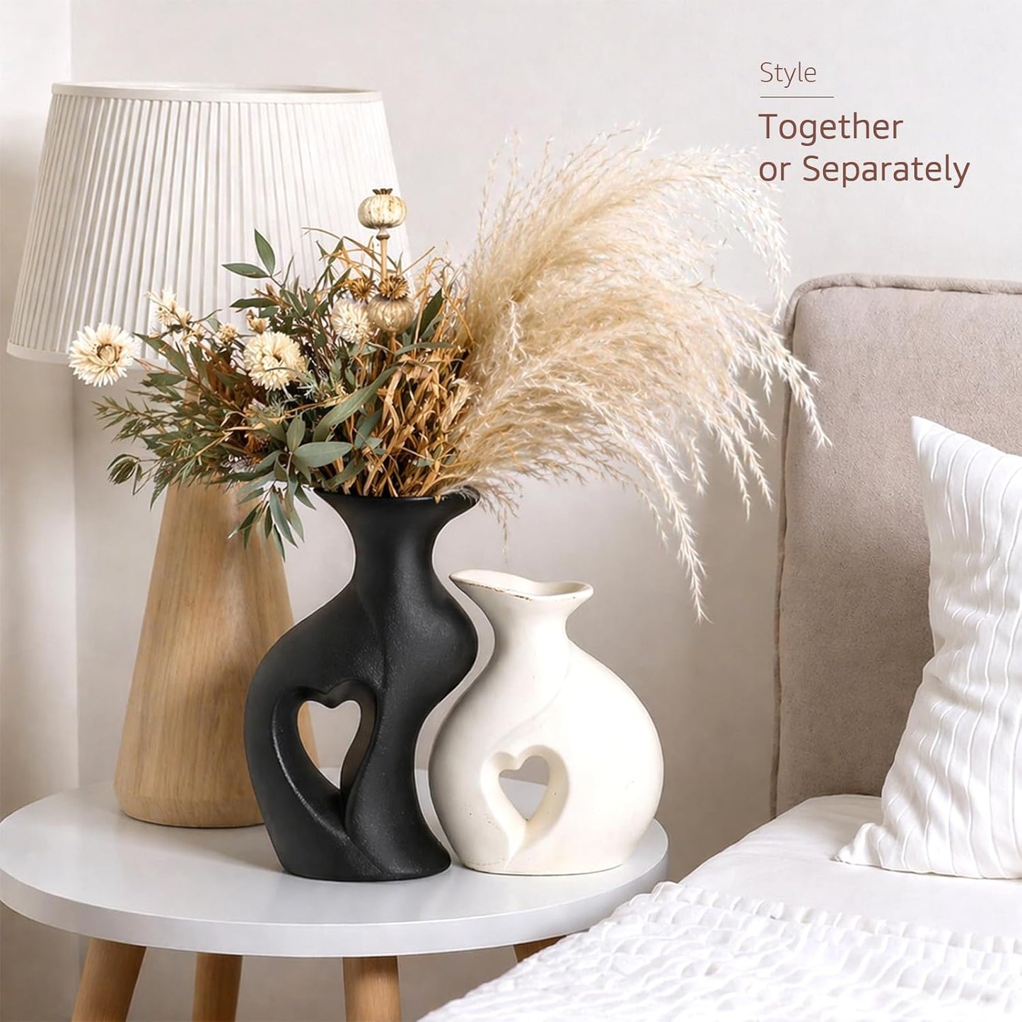 Ceramic Vase Hollowed Heart Flower Vase Set for Modern Nordic Boho Home Decor / Black&white