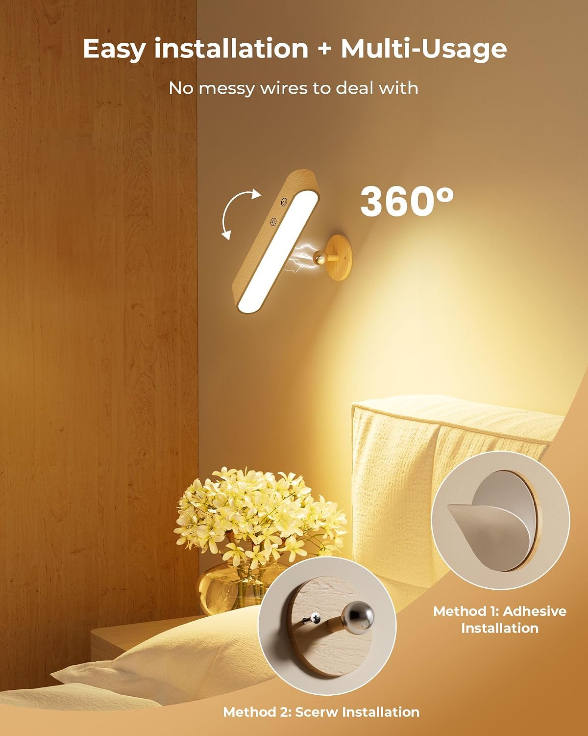 PopoIron Rechargeable LED Wall Sconces Set of Two,Wall Lights for Bedroom with Remote Control and Touch,360° Magnetic