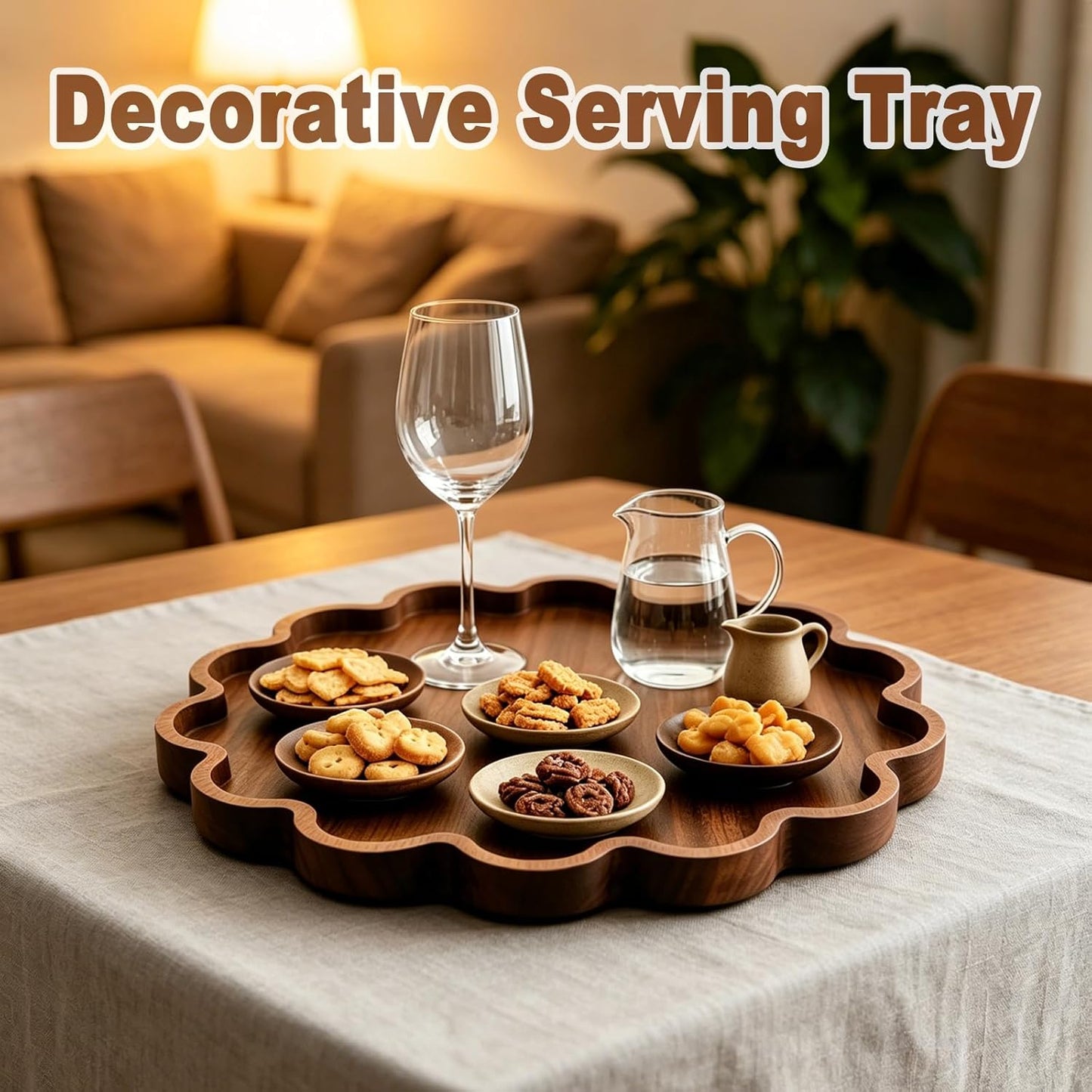 Decorative Serving Tray Wood Scalloped Serving Tray Round Wooden Display Plate / 12.6 Inch