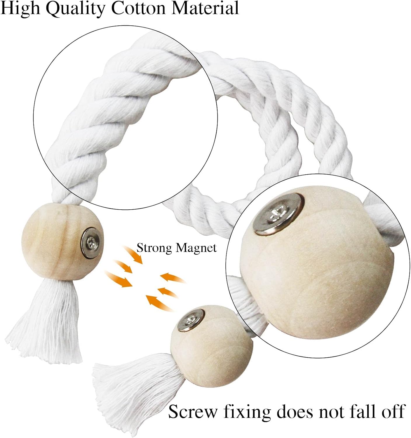 Magnetic Curtain Tiebacks Holdback Cotton Rope Tie Backs for Drapes Porlau | 6 Pack White Cotton Hand Woven Tieback