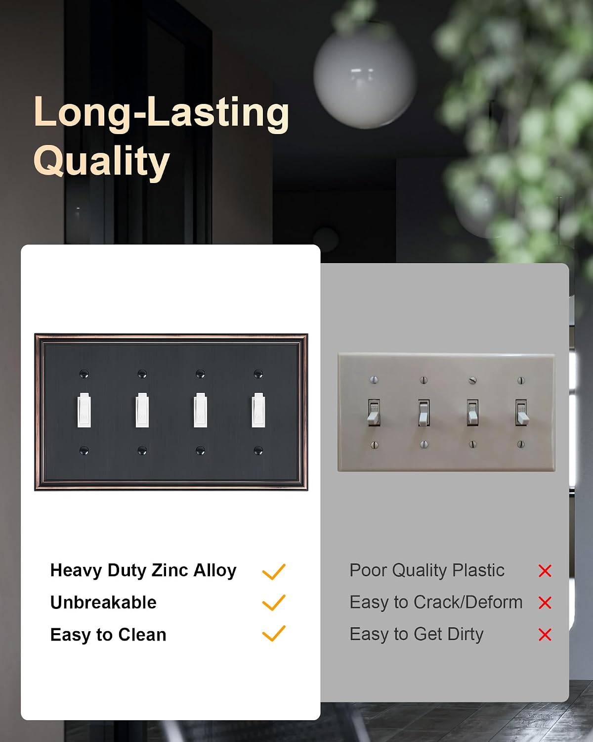 2-Pack Zinc Alloy Quad Toggle Light Switch Cover Plate, Solid Switch Cover | Durable Decorative Switch Plate Covers, 4