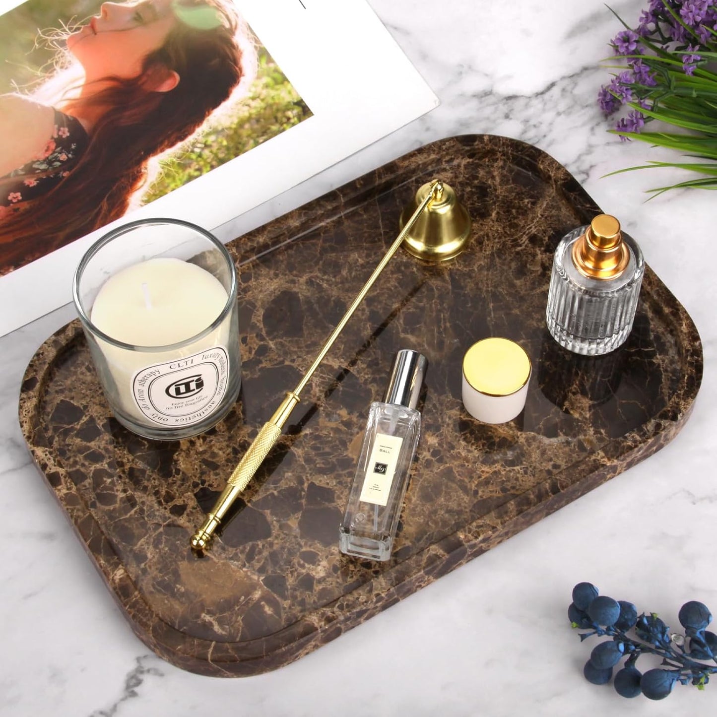 Marble Bathroom Vanity Tray / Dark Brown L / 8 x 0.7 x 12