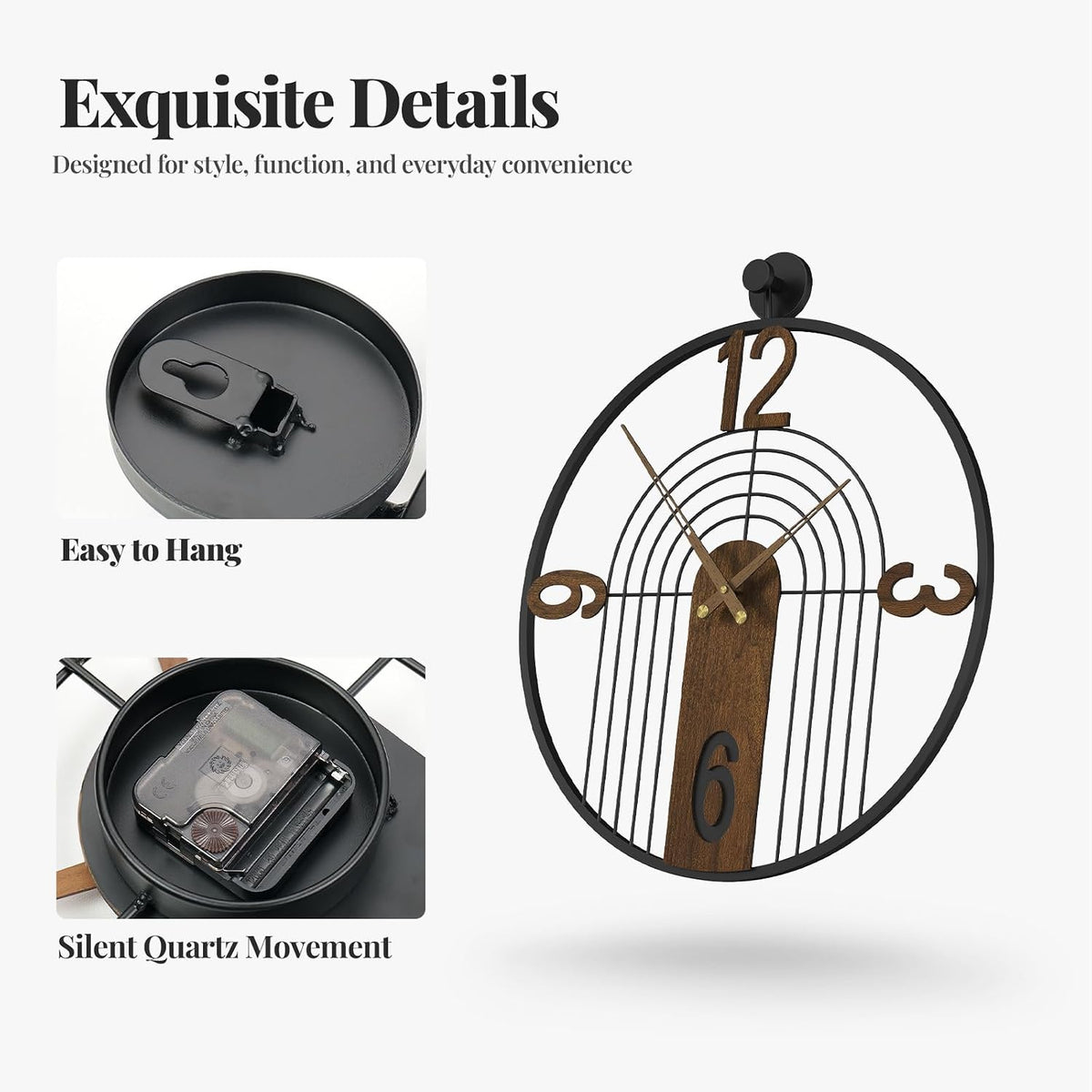 Cuspin 24 Inch Large Wall Clock Modern Black Metal Clock with Walnut Dial | Battery operated, Silent non ticking