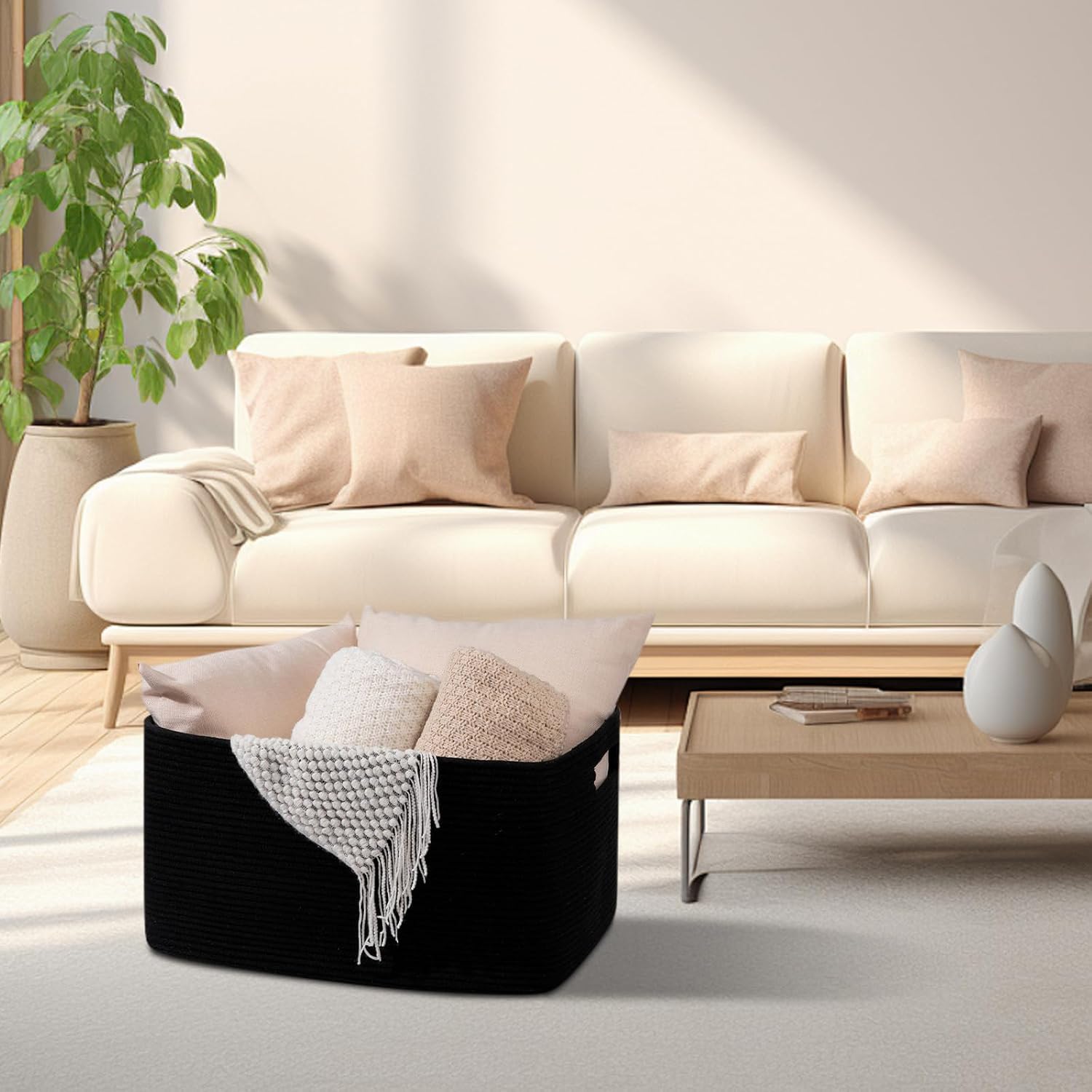 Rectangle Woven Cotton Rope Basket / Charcoal Black / 22 x 17 x 12