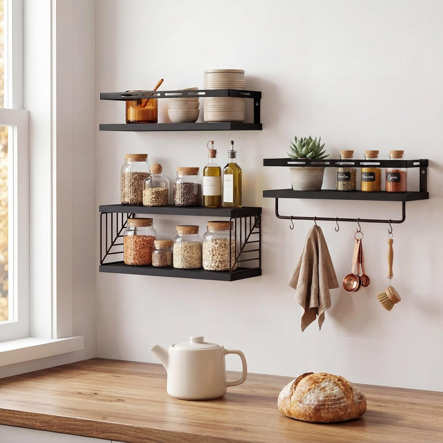 Fixwal Wall Mounted Bathroom Shelves Over Toilet (3+1 Black) | Wall Shelf with Basket Storage , Towel Bar, Solid Wood