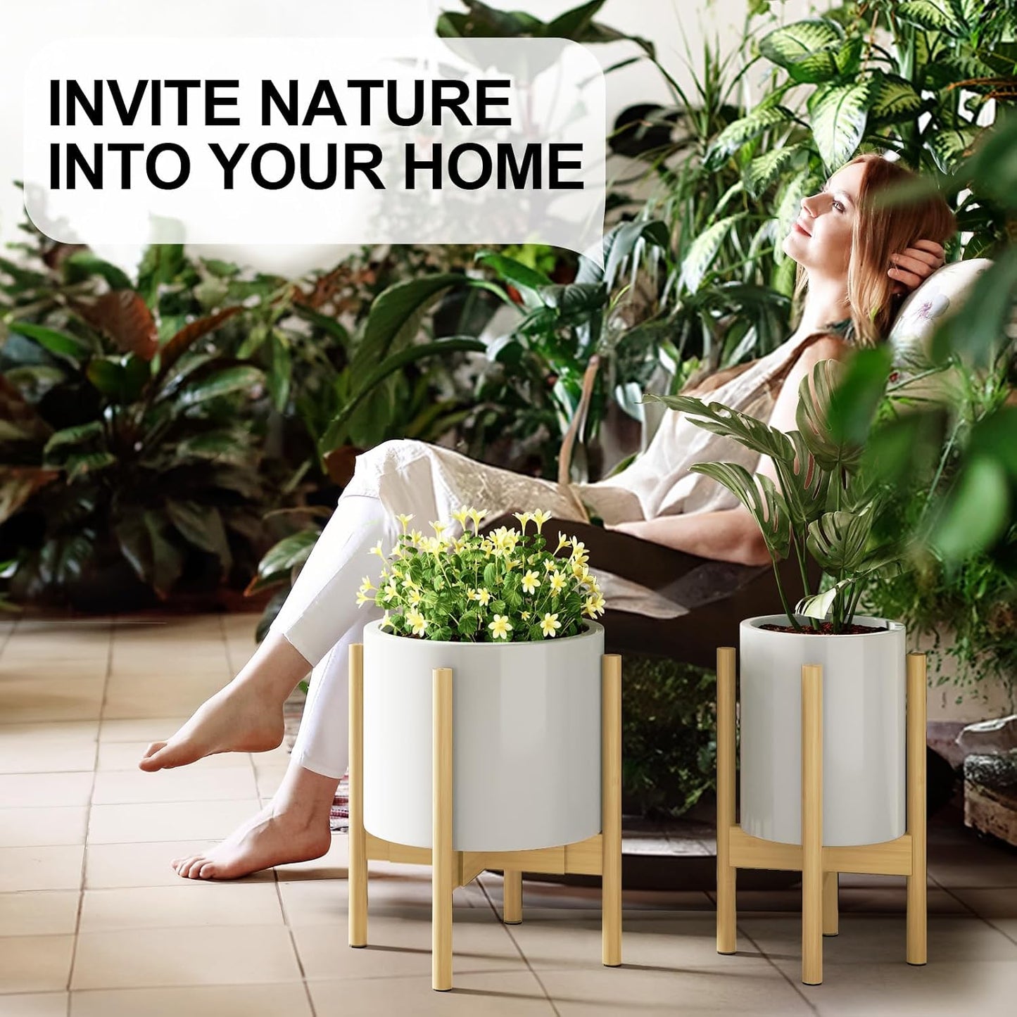 MUDEELA Plant Stand for Indoor, Bamboo Material, Natural, 14.5 Inch Tall | Adjustable Width Fits 8-12 Inch Pot