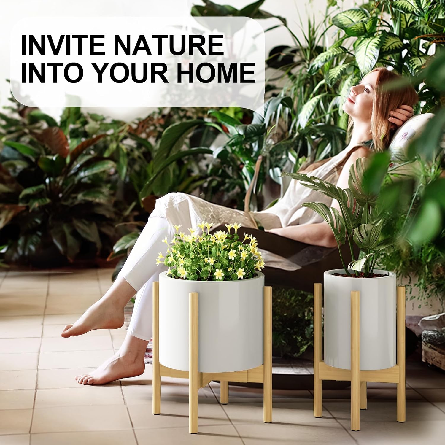 MUDEELA Plant Stand for Indoor, Bamboo Material, Natural, 14.5 Inch Tall | Adjustable Width Fits 8-12 Inch Pot