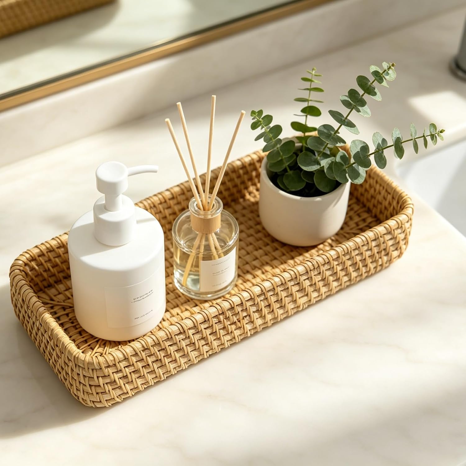 Handmade Rattan Bathroom Vanity Tray Wicker Toilet Tank Basket Storage Bin Organizer / Natural