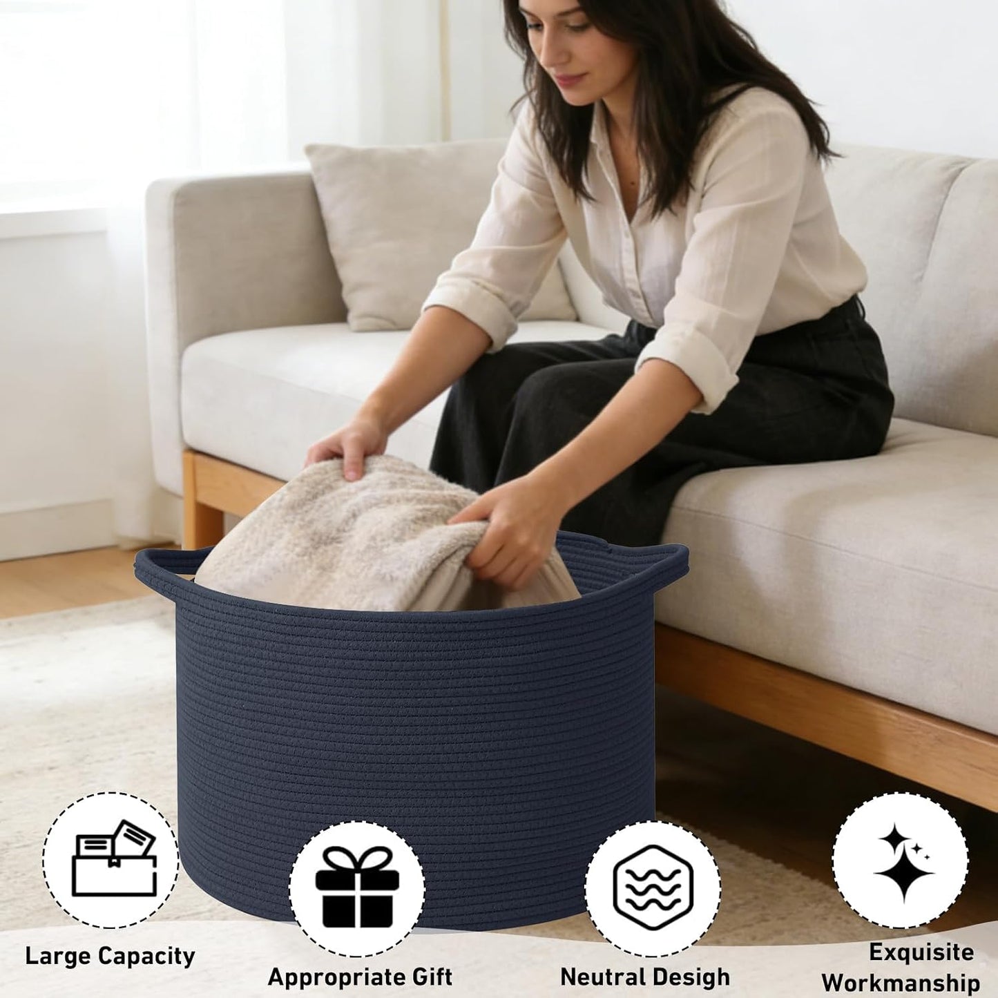 Woven Rope Laundry Basket Hamper / Dark Blue / 19.7"L x 19.7"W x 13"H