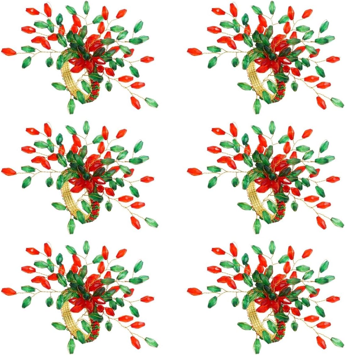 ITOS365 Handcrafted Beaded Napkin Rings Set of 12 – Red & Green Crystal Flower Design, Elegant Table Décor for