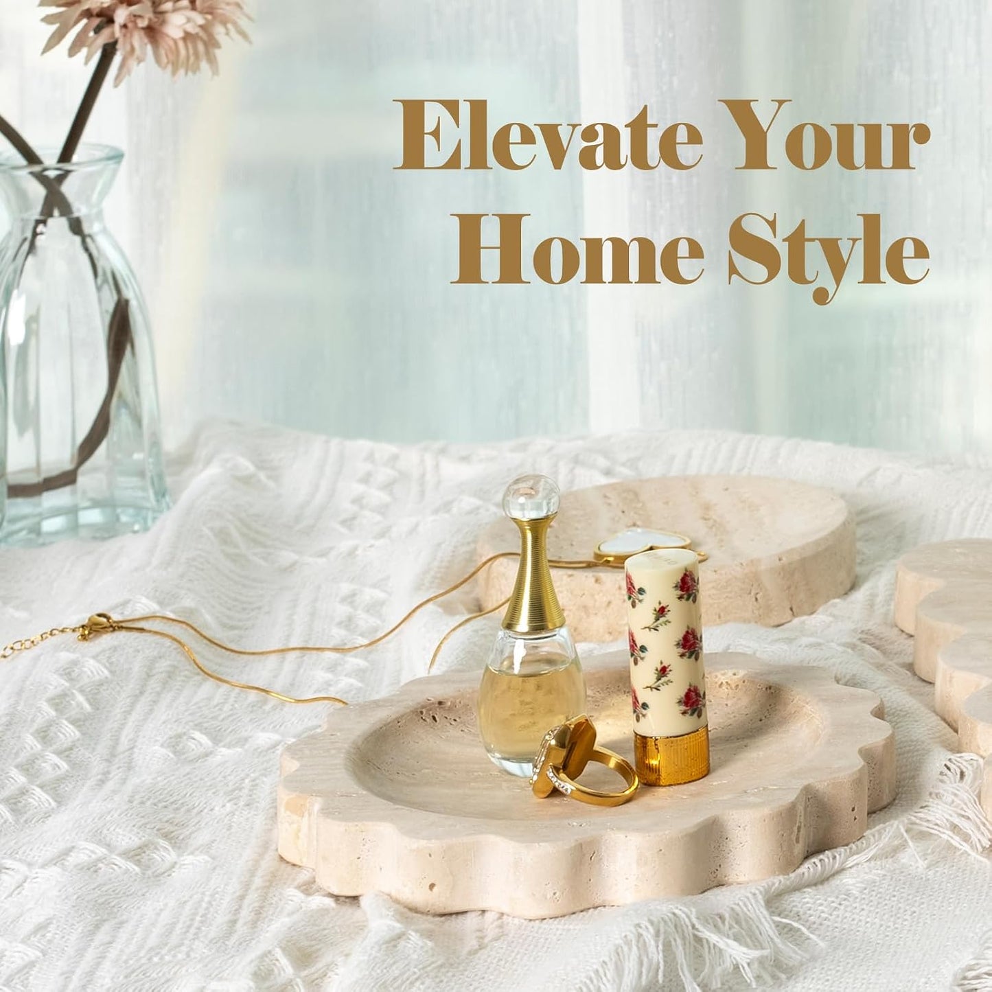 Round Scalloped Decorative Tray / Beige Travertine / D=5.51