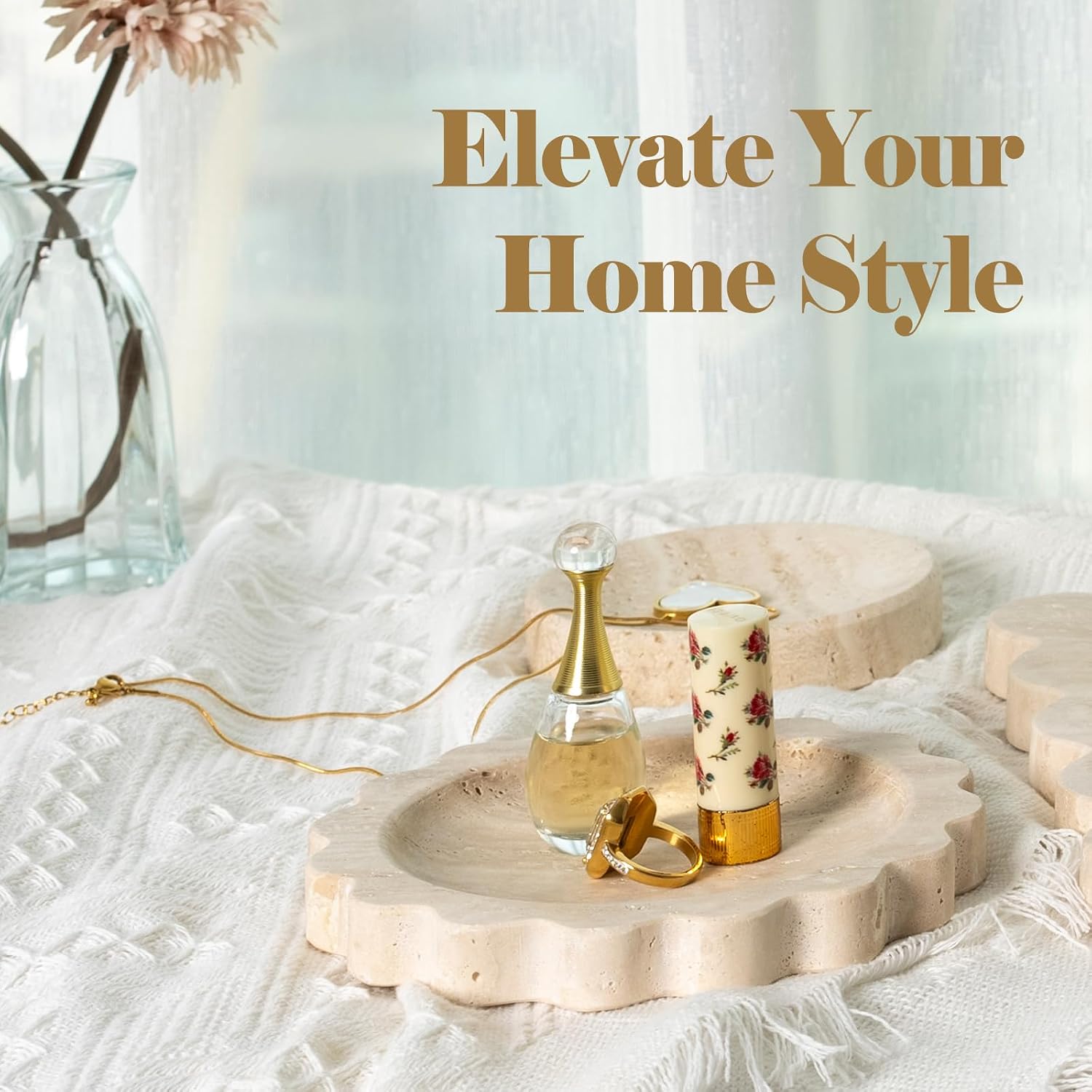 Round Scalloped Decorative Tray / Beige Travertine / D=5.51