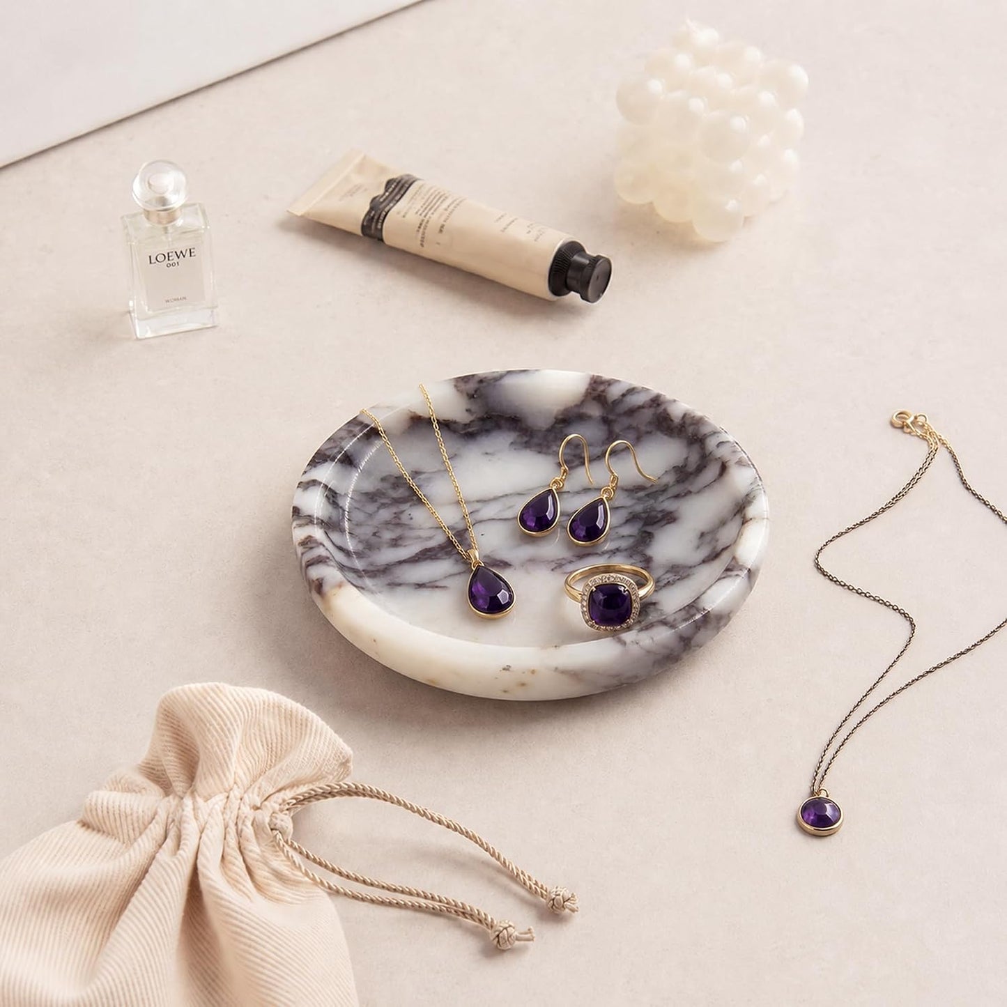 Small Marble Jewelry Tray Key Plate Holder Dish Trinket Decor Catch All / Calacatta Viola / Natural
