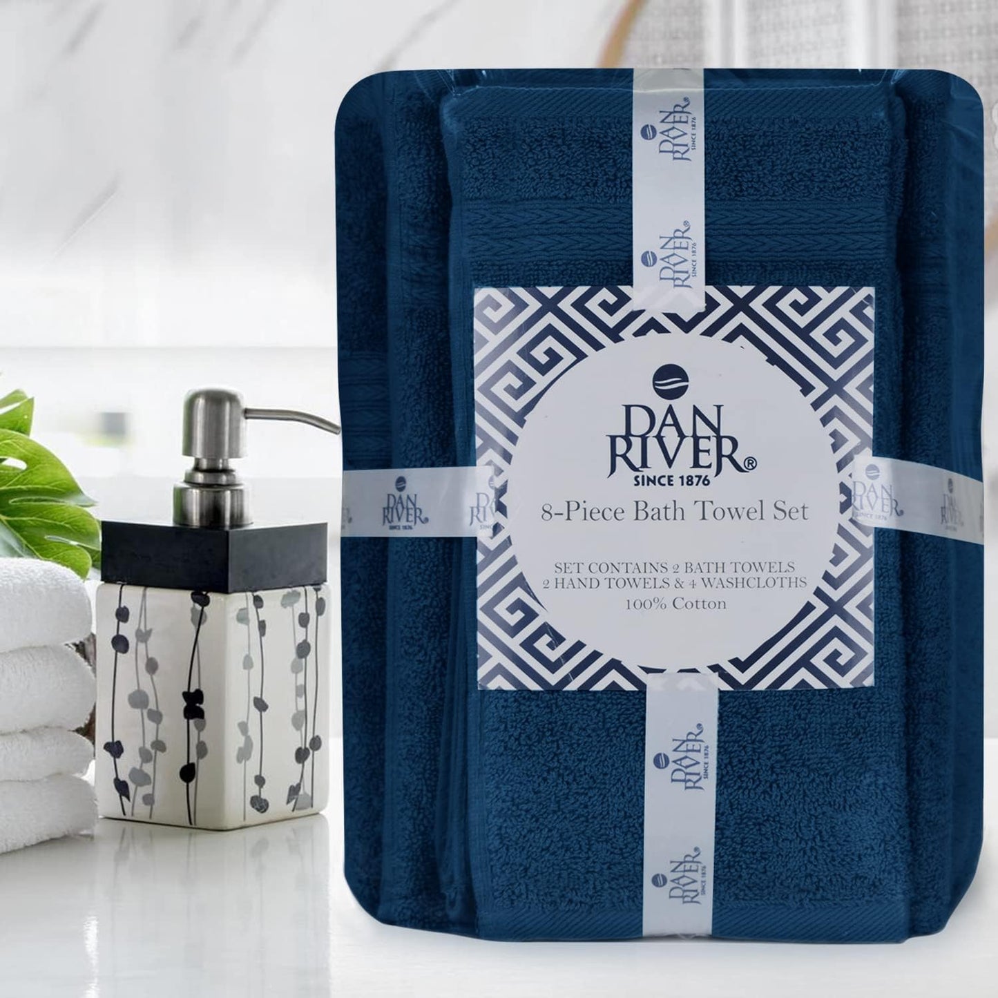 DAN RIVER 8 Piece Luxury Bath Towels for Bathroom, Towel Set, Blue Opal | 2 Bath towels, 2 Hand towels, and 4 Wash