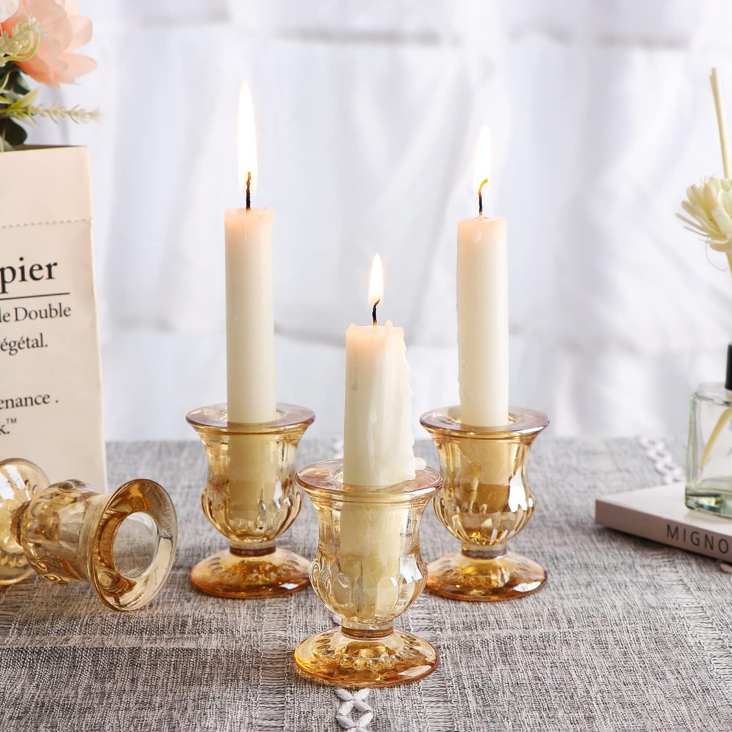 Letine Gold Candlestick Holders Set of 12-2.5" H Taper Candle Holders Bulk -Gold Glass Candle Holder for Valentine's