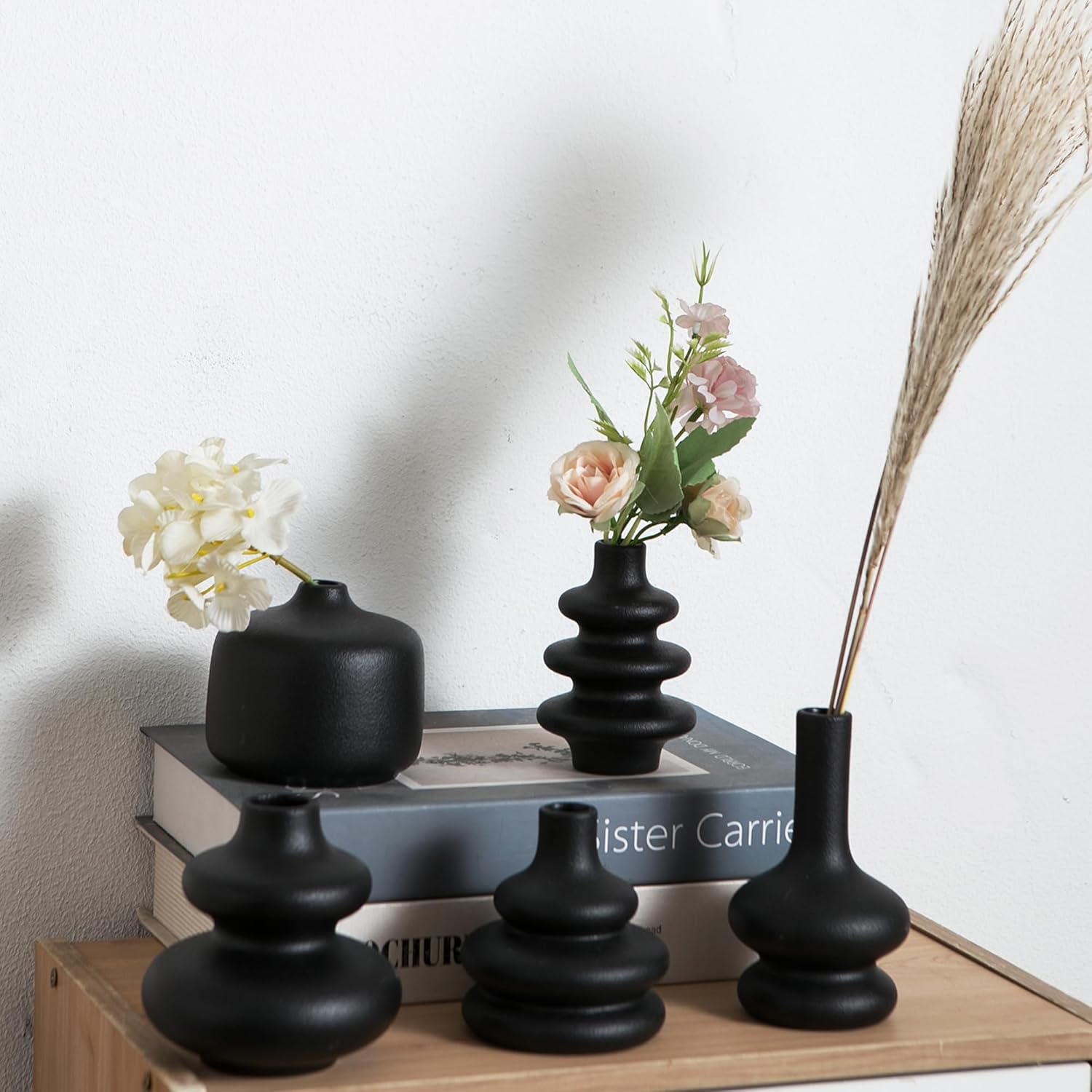Boho Vases / Black Ceramic Bud Vase / Matte Black Vase / Set of 5