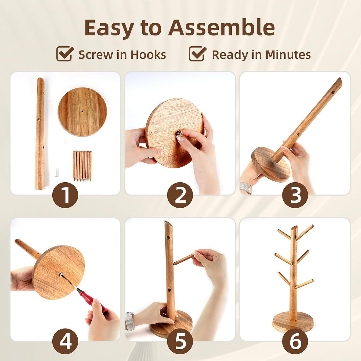 Large Acacia Wood Mug Holder Tree for Countertop | 6-Hook Coffee Mug Rack for Large & Tall Mugs, Wooden Coffee Cup
