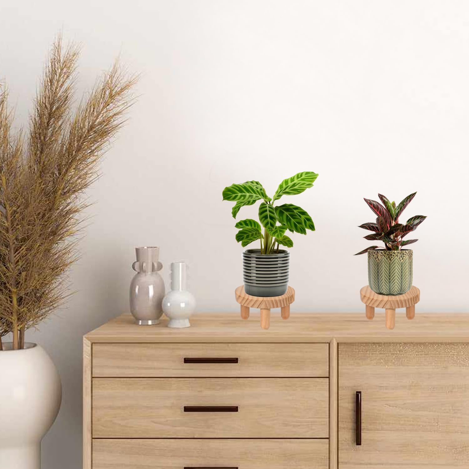 Decorative Round Wood Desktop Plant Stand Mid Century Kitchen Counter Pedestal Stand / Natural