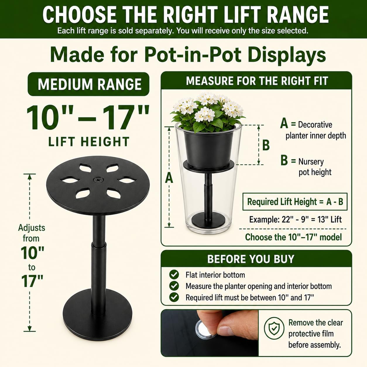 Adjustable Plant Risers for Inside Pots, 10-17 Inch Lift Height | Round Planter Insert for Tall Pots, 2 Stands, 2 x 8"