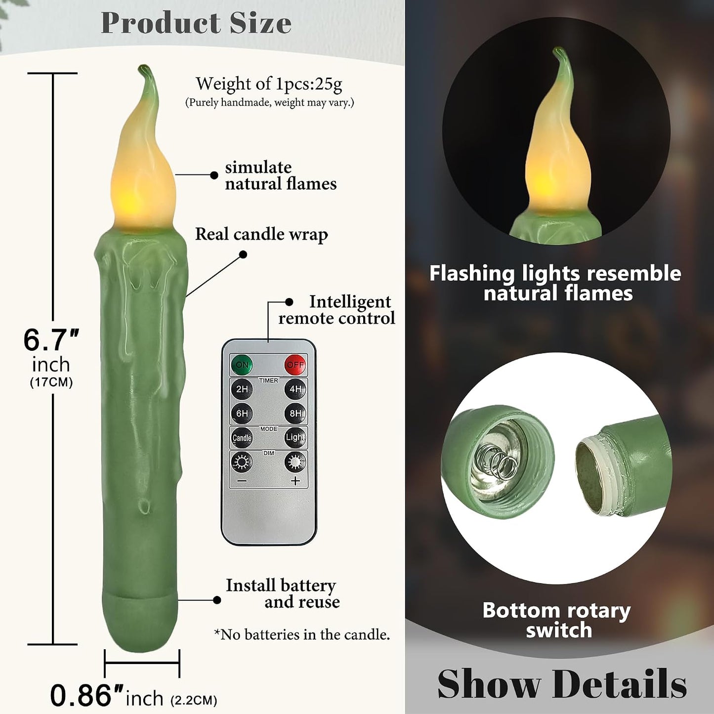 Sage Green Flameless Short Taper Candles, Real Wax Hand Dipped LED Battery Operated with Remote, Flickering Flame