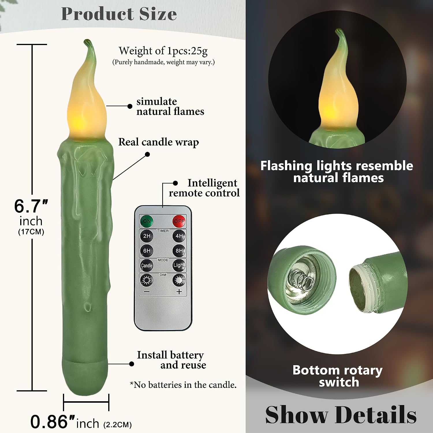 Sage Green Flameless Short Taper Candles, Real Wax Hand Dipped LED Battery Operated with Remote, Flickering Flame