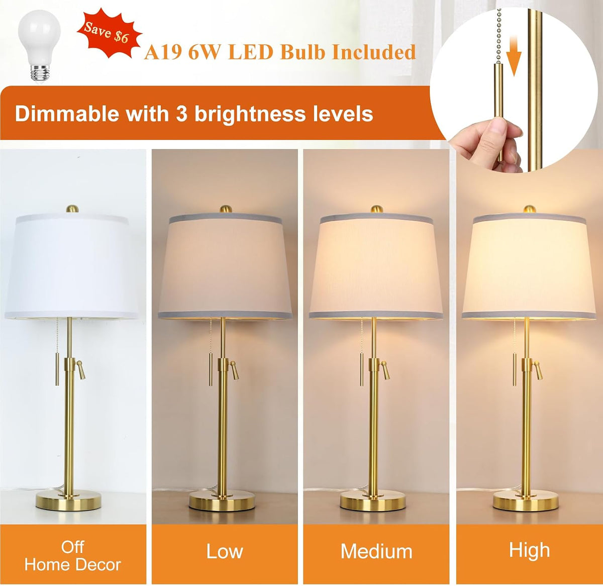 Modern Gold table Lamp 22" to 30"Adjustable Height 3 Brightness Way Brass Nightstand with White Linen Shade Pull Chain