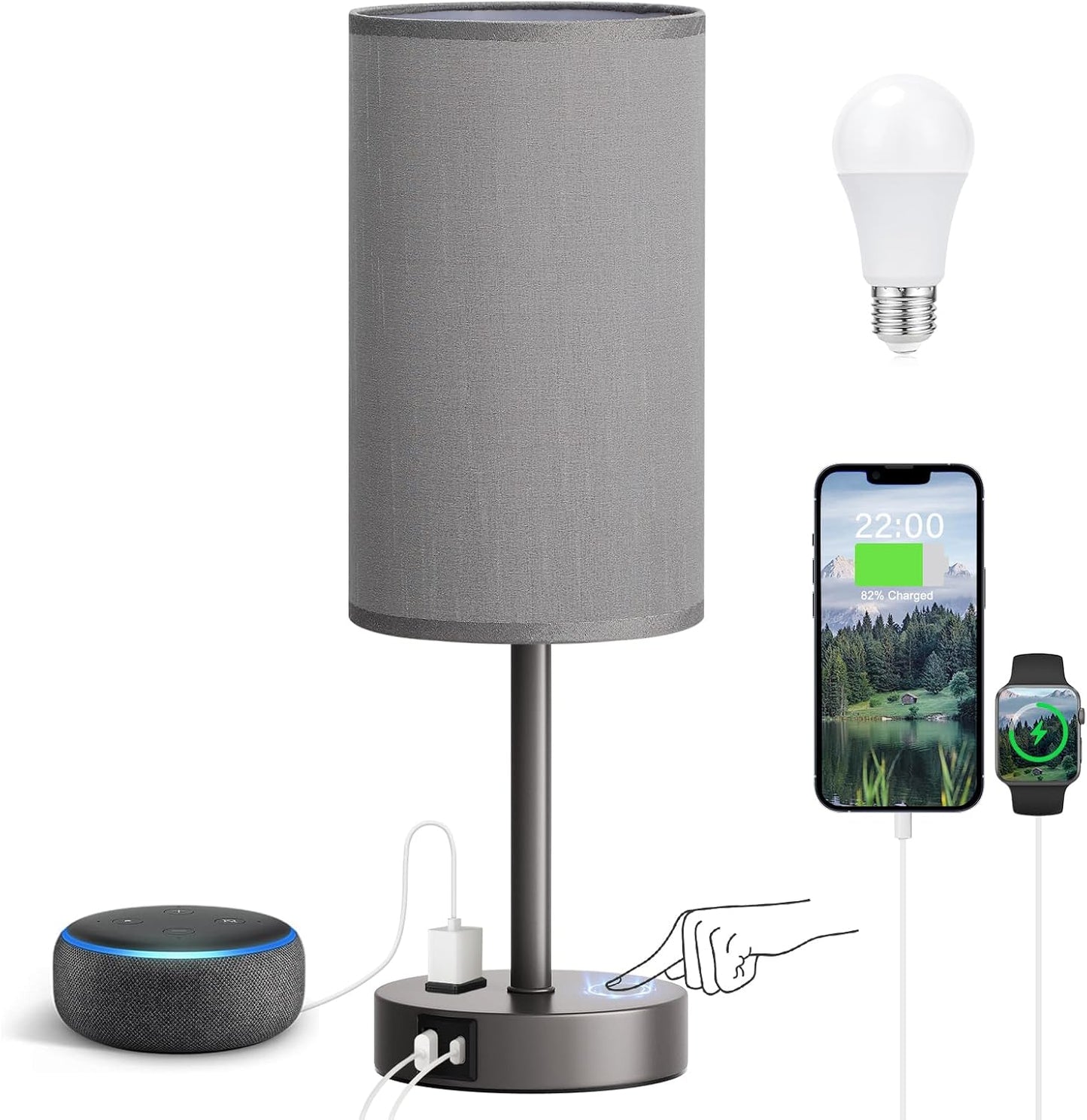 Fenmzee 17.4" Grey Lamp for Bedroom - Dimmable Touch, USB A+C, AC Outlet
