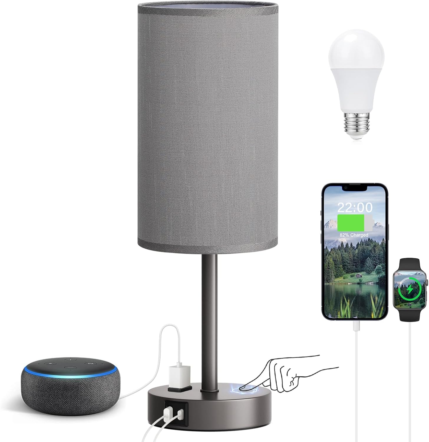 Fenmzee 17.4" Grey Lamp for Bedroom - Dimmable Touch, USB A+C, AC Outlet