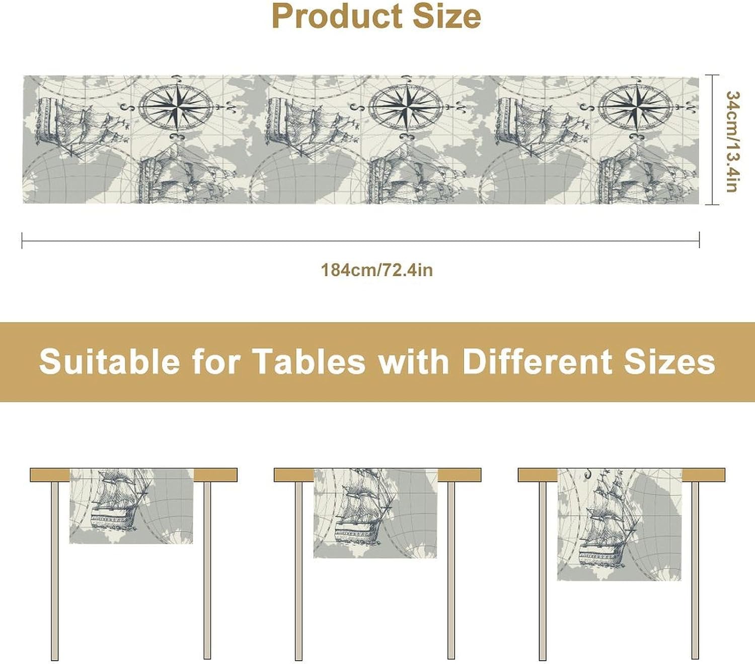 Nautical Sailboat Map Table Runner, Sketch Pirate Ship Wheel Compass Patterns Printed Linen Table Runner for Home