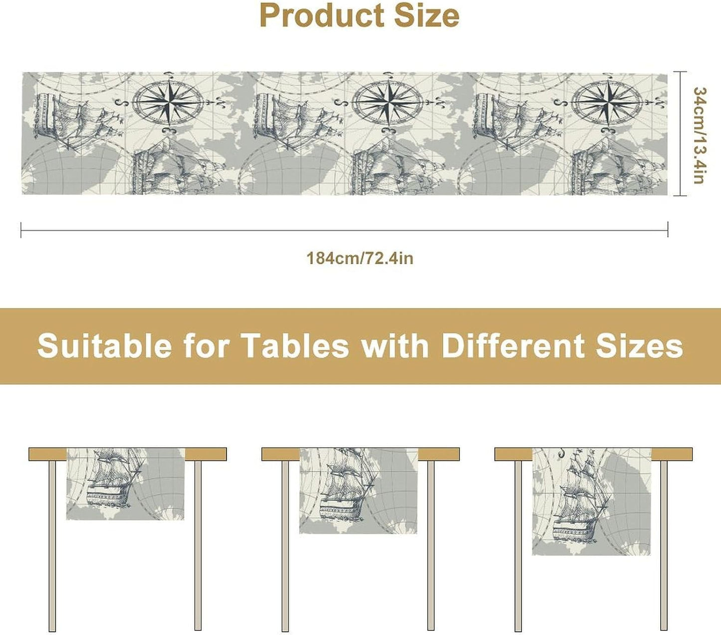 Nautical Sailboat Map Table Runner, Sketch Pirate Ship Wheel Compass Patterns Printed Linen Table Runner for Home