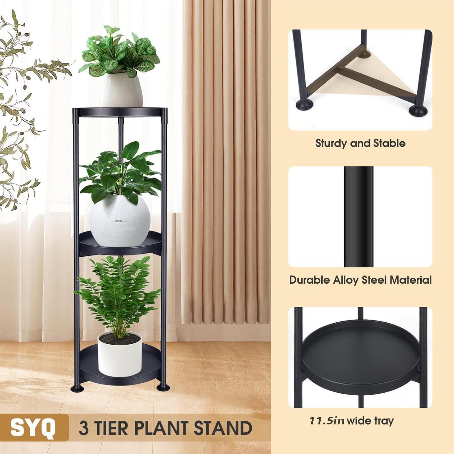 SYQ 3 Tier Plant Stand Indoor Outdoor - 34'' Extra-Tall Metal Plant Stands for Potted Plants Multiple Tiered Plant
