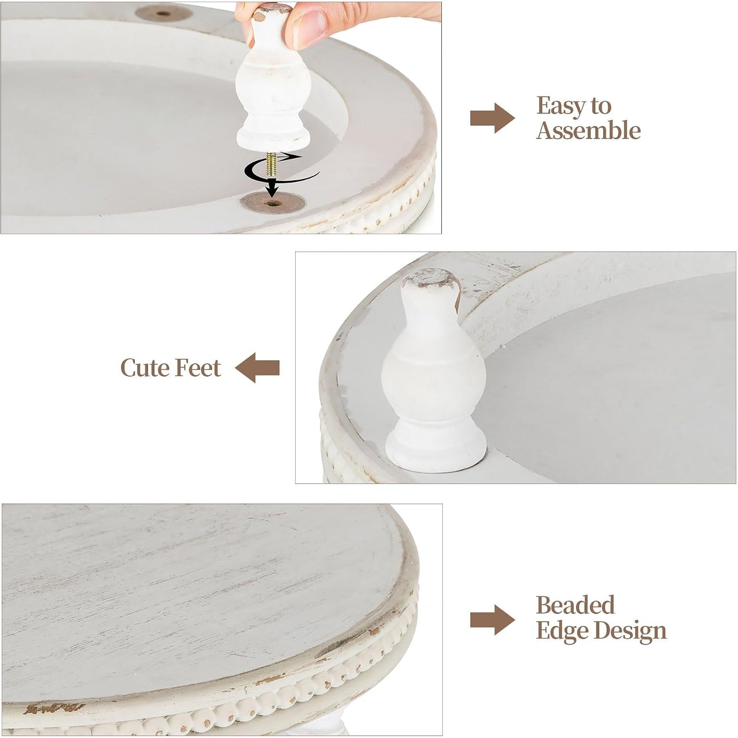 Beaded Wood Pedestal Risers Farmhouse Circle Display Holder / White