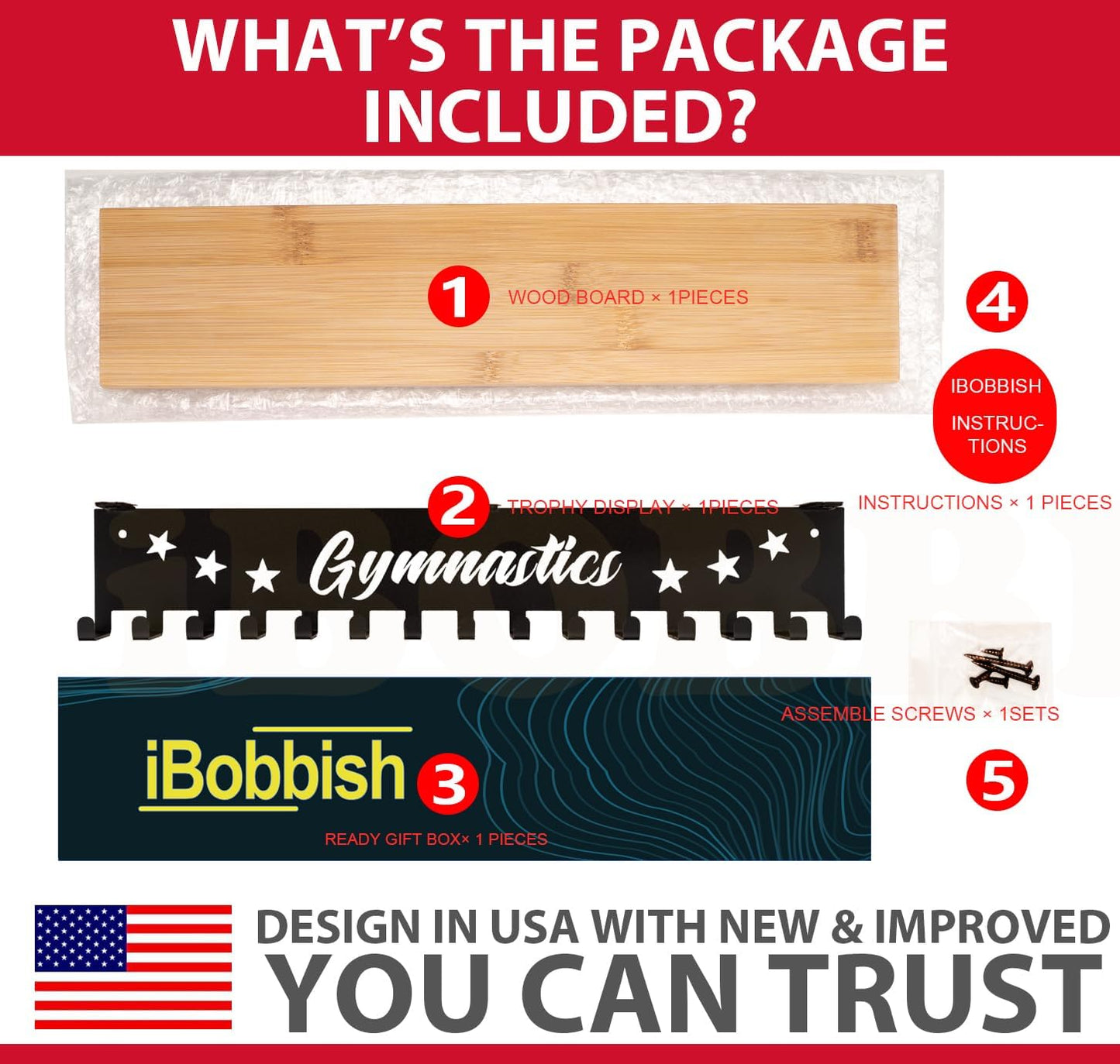 iBobbish Premium Trophy and Medal Display Shelf 16inchL,Metal Trophy Shelf with Hooks Upgraded,Large Bamboo Trophy