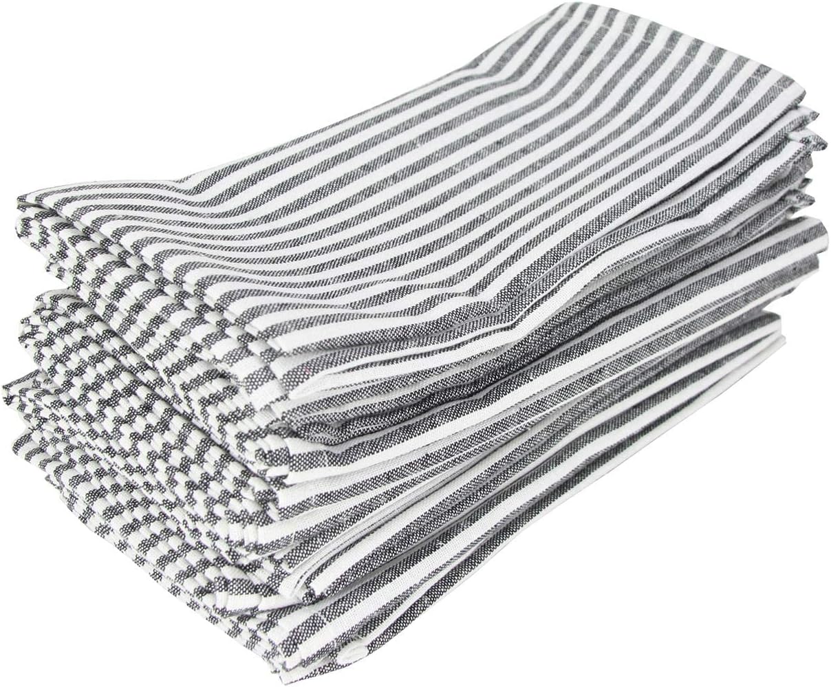 Plain Striped Cotton Linen Blended Dinner Cloth Napkins - Set of 12 (17 x 17 inches) - for Events & Home Use (Black)