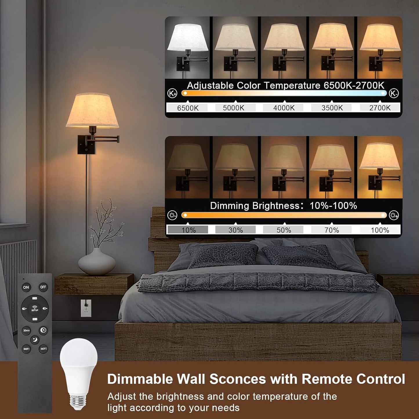 TRLIFE Wall Sconce Plug in, Remote Control Dimming 10-100% and Adjustable Color Temperature 2700K-6500K Swing Arm Wall