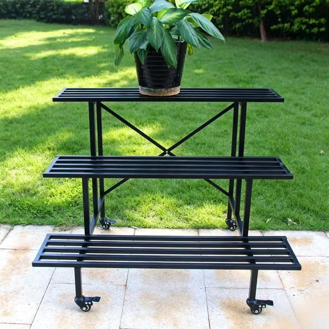 Zhongma 3 Tier Sturdy Metal Plant Stand with Wheels, L35.43 x W26 x H26 inch, Heavy Duty Plant Holder for Home Indoor