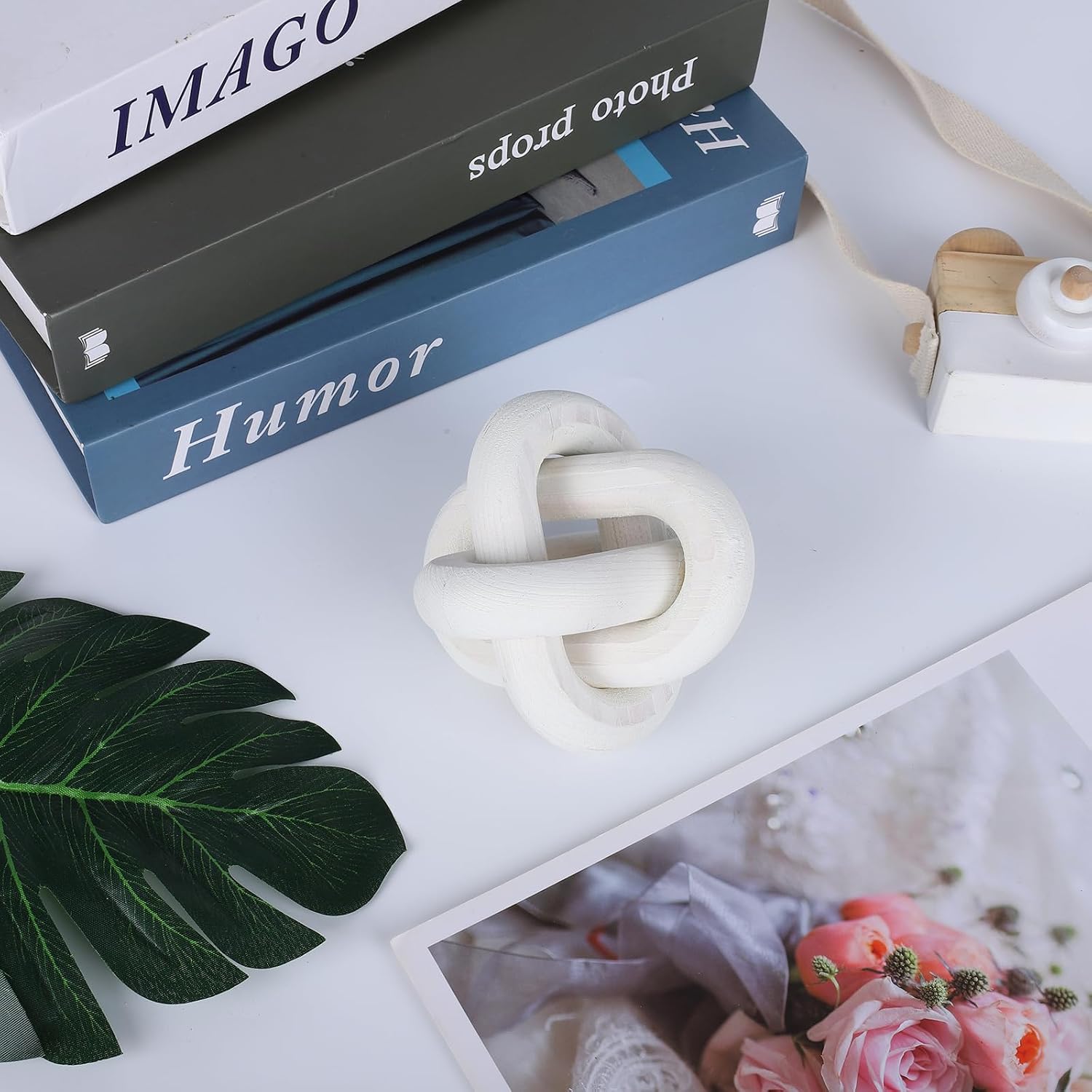 Wood Knot Decor Hand Carved Modern Boho Decorative Wood Knot Small 3-Link Decorative Wood / White