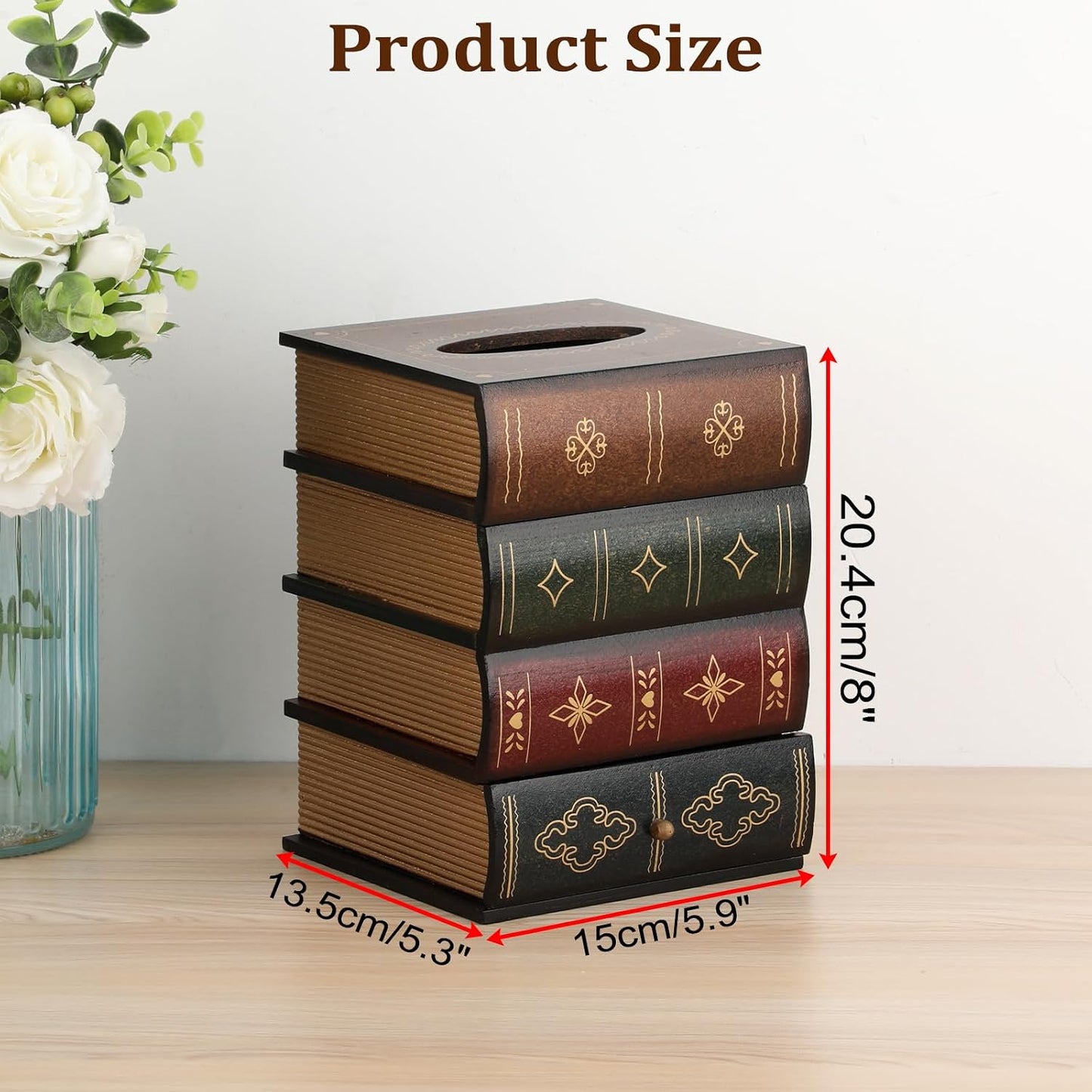 Antique Wooden Book Tissue Box Cover / Brown Top