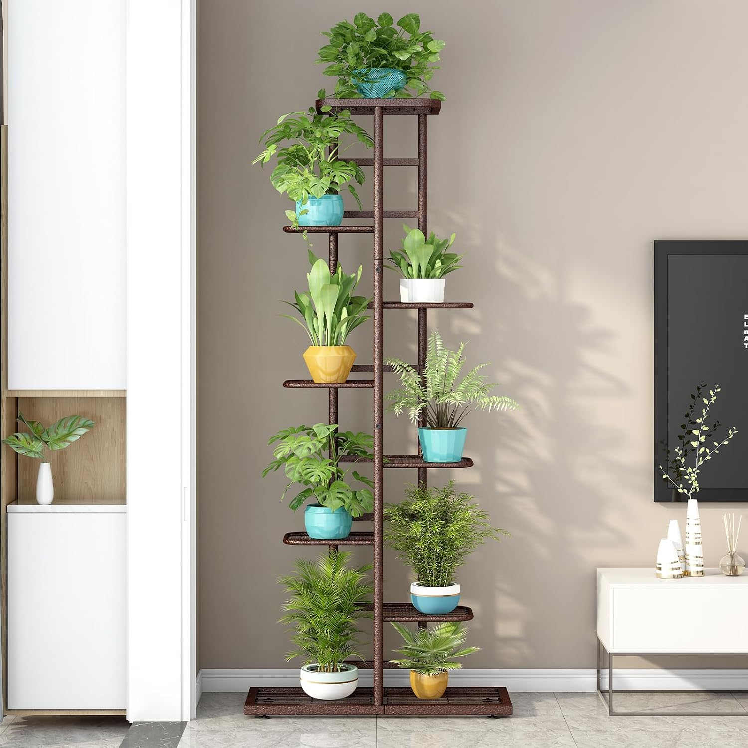 LINZINAR 8 Tier Plant Stand Indoor Outdoor Metal Flower Pot Display Shelf | Space Saving,9 Potted Multiple Flower Pot