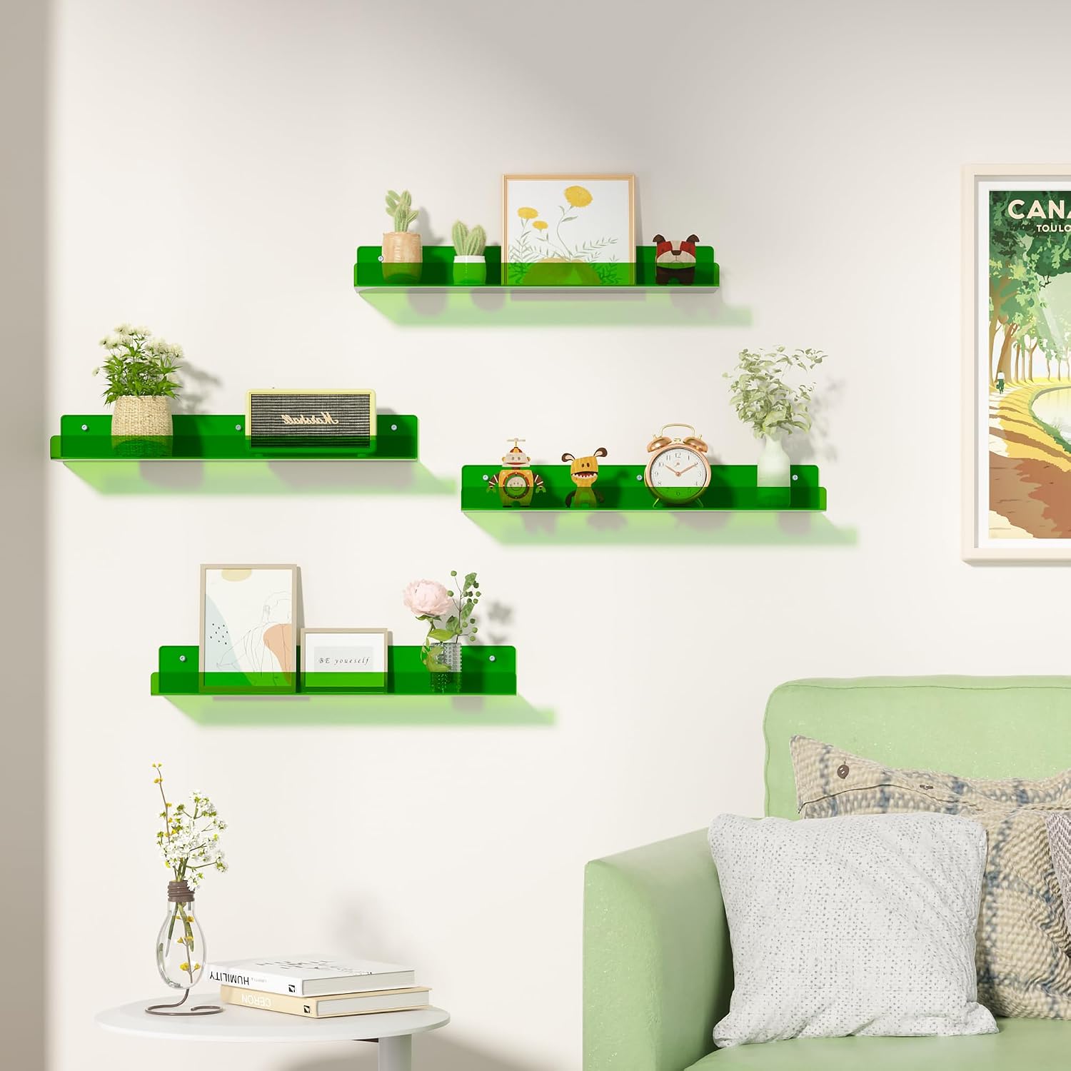 upsimples 4 Pcs 15" Acrylic Shelves for Wall Decor and Display, Green | Cute Floating Shelf for Perfume, Skincare, Nail
